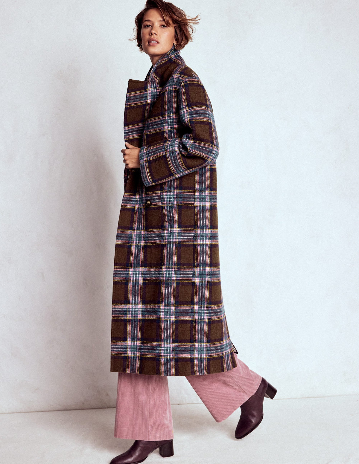 Cocoon Wool Coat-Brown, Teal and Pink Check