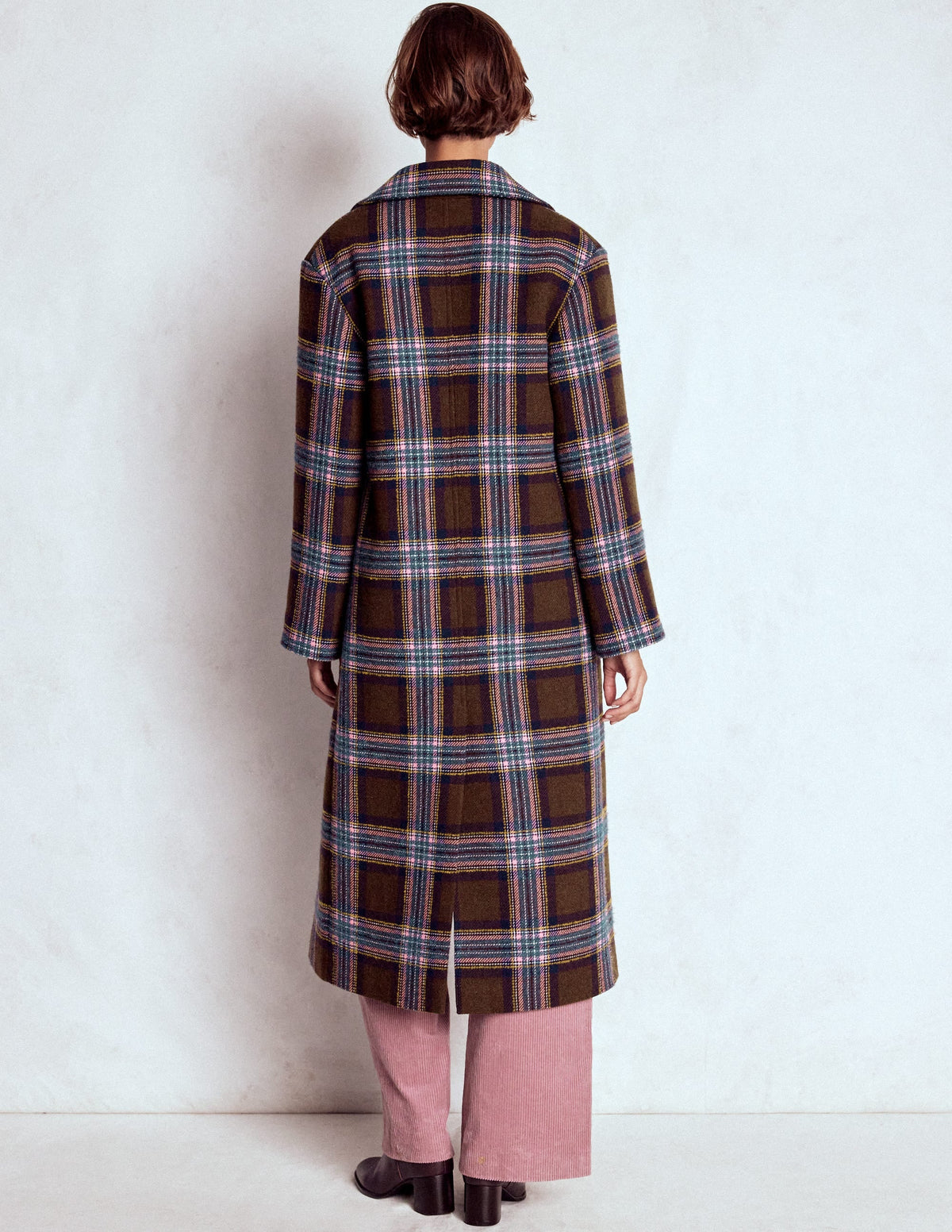Cocoon Wool Coat-Brown, Teal and Pink Check