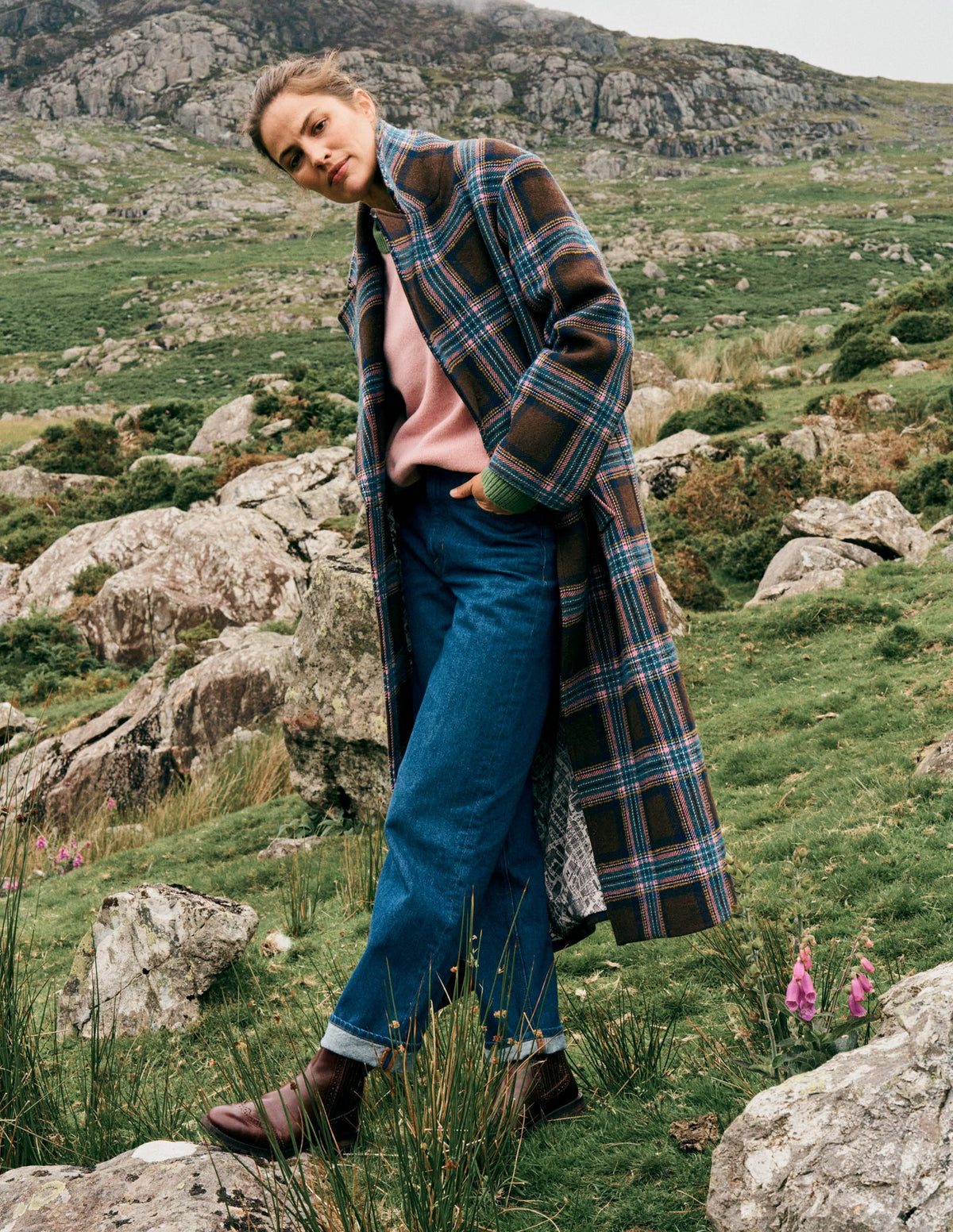 Cocoon Wool Coat-Brown, Teal and Pink Check