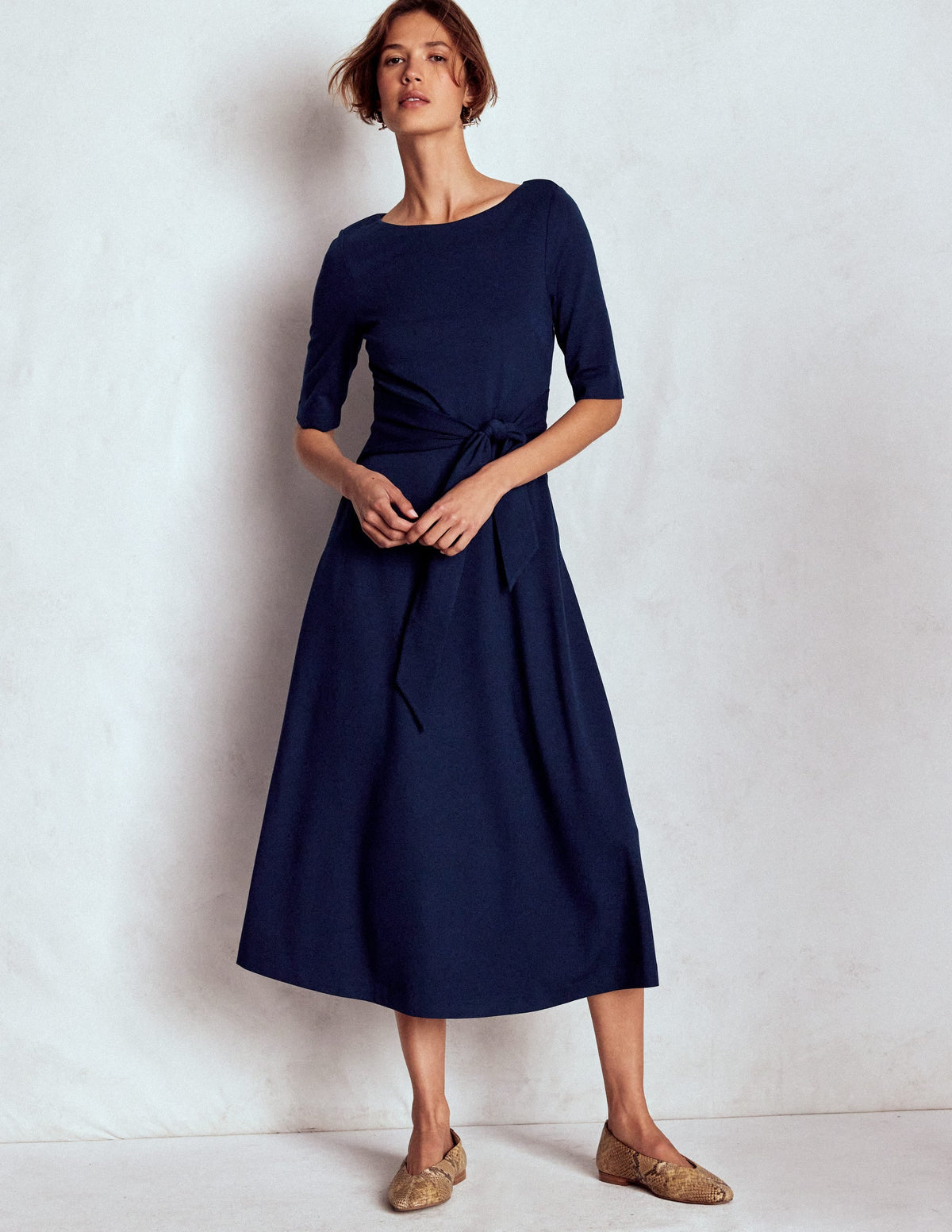 Mathilde Tie Waist Ponte Dress-Navy