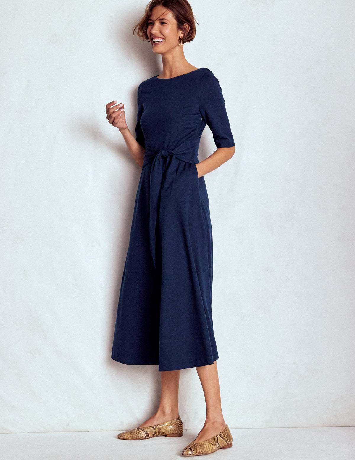 Mathilde Tie Waist Ponte Dress-Navy