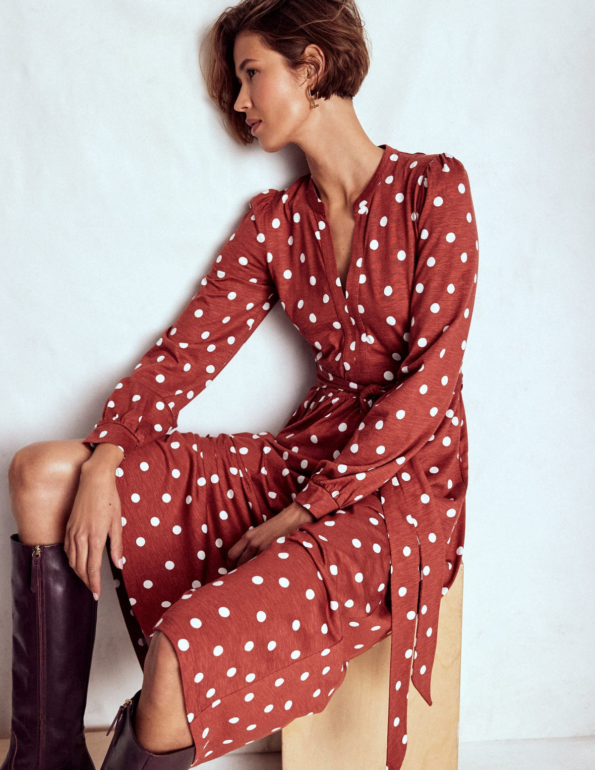 Naomi Long Sleeve Jersey Dress-Burnt Orange, Painted Dot