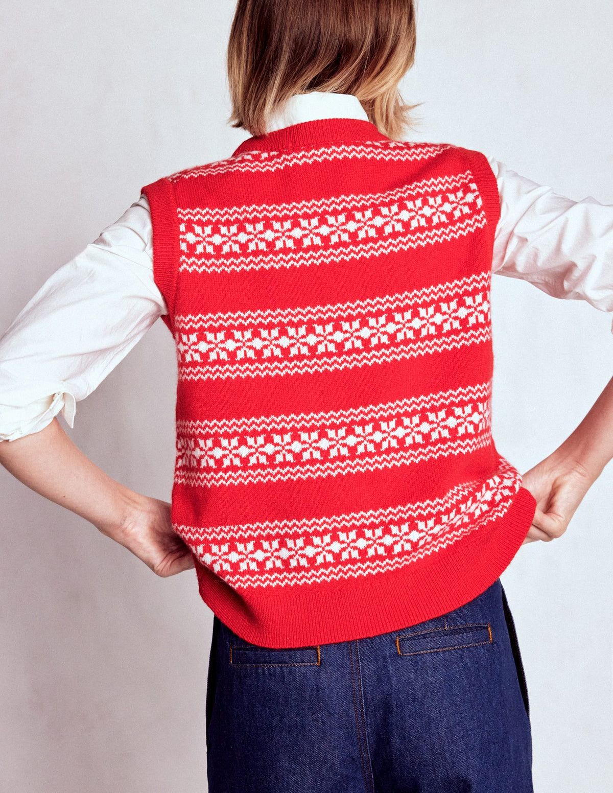 Edie Fair Isle Vest-Poppy Red, Warm Ivory