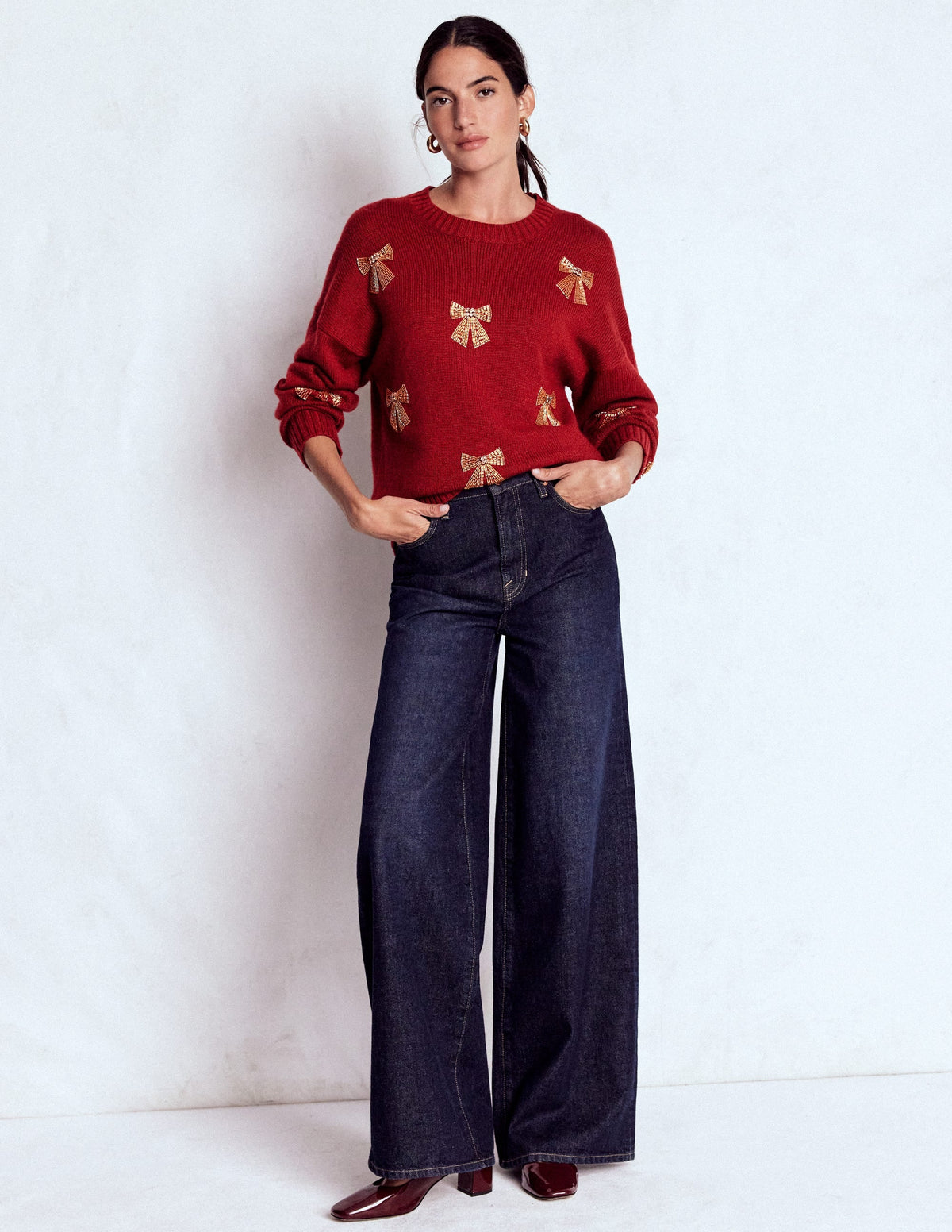 Natalie Embroidered Sweater-Red, Embellished Bows