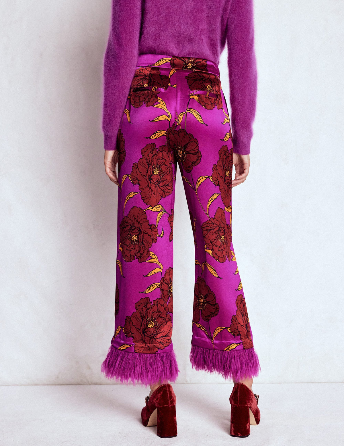 Faux Feather Trim Pants-Regal Purple, Peony Bloom