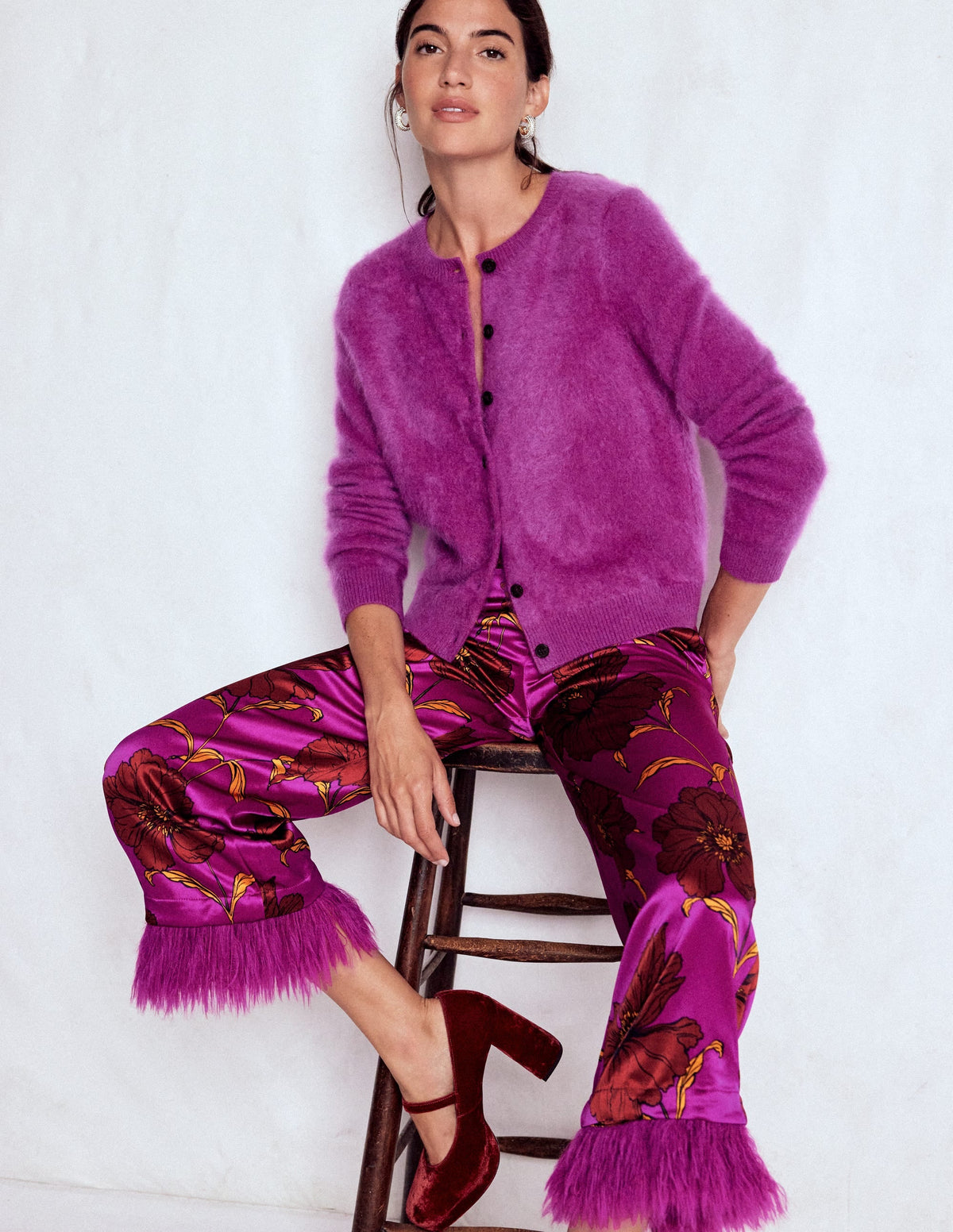 Faux Feather Trim Pants-Regal Purple, Peony Bloom