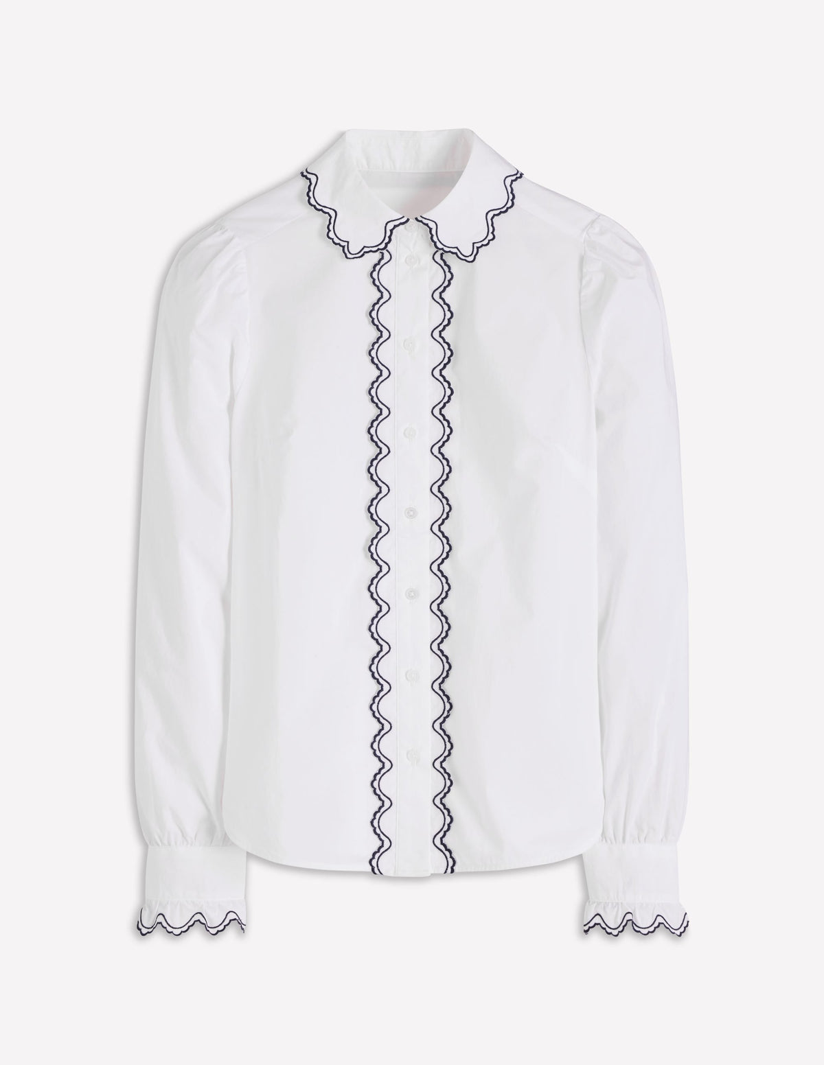 Embroidered Cotton Shirt-White, Navy Embroidery