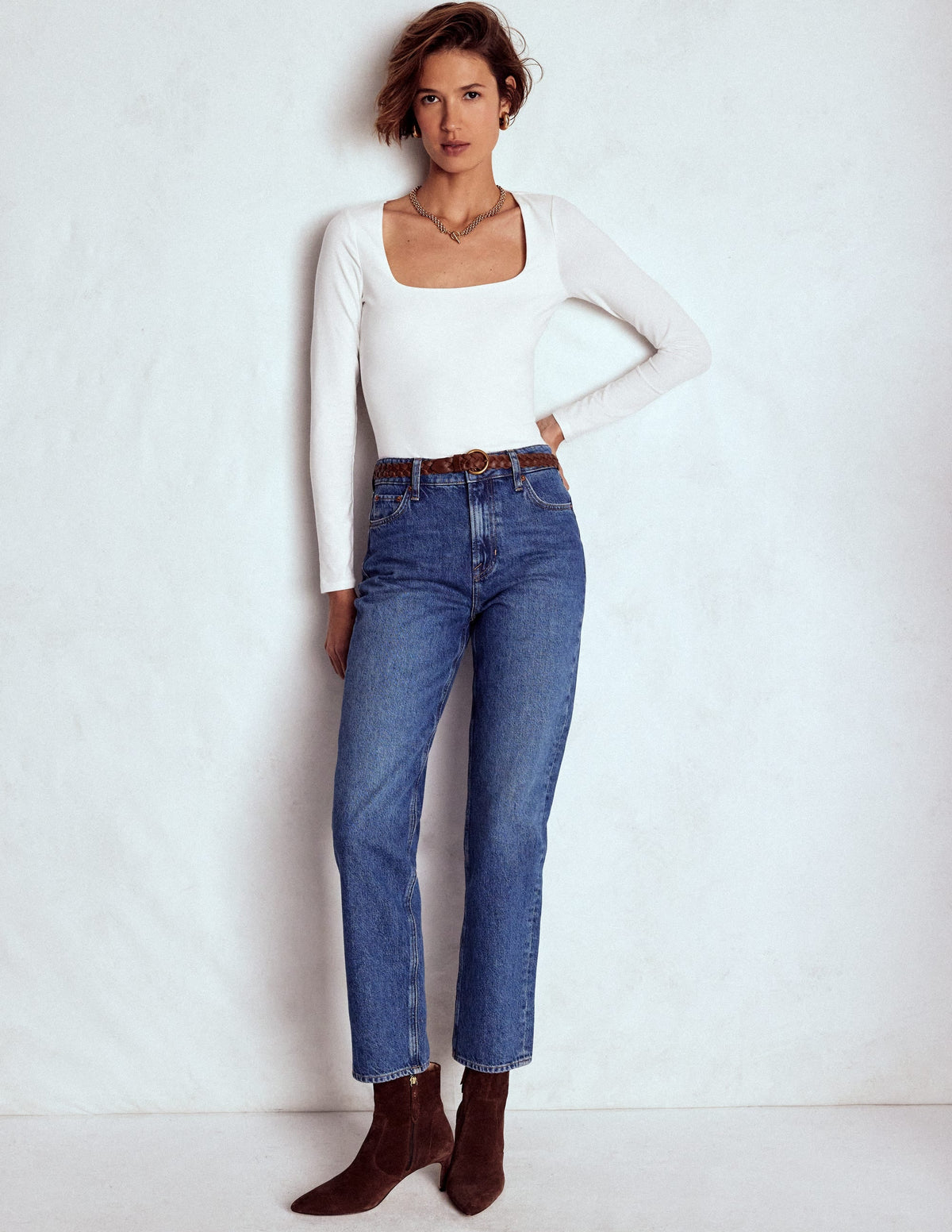 Double Layer Square Neck Top-White