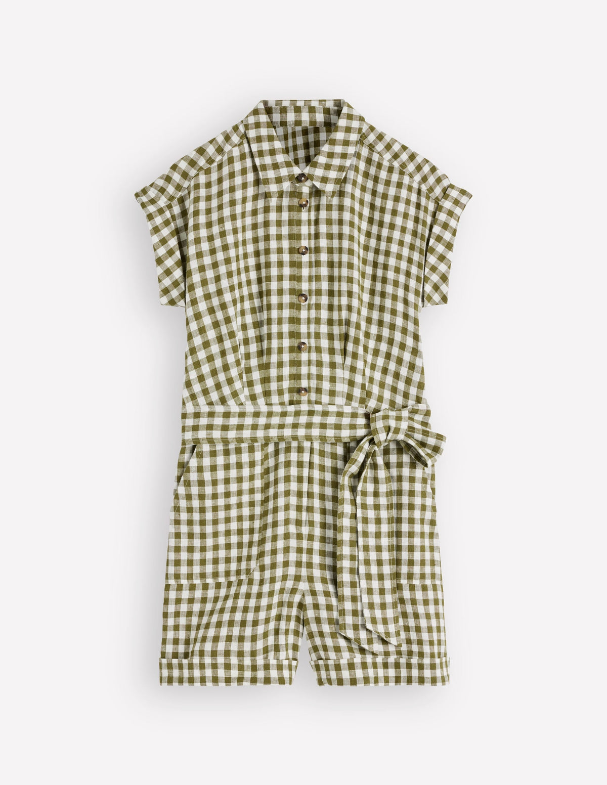Kay Linen Playsuit-Olive, Ivory Gingham