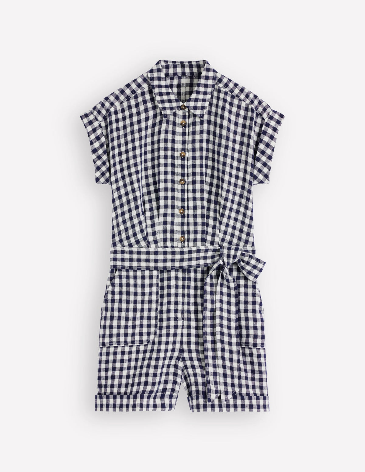 Kay Linen Playsuit-Navy, Ivory Gingham