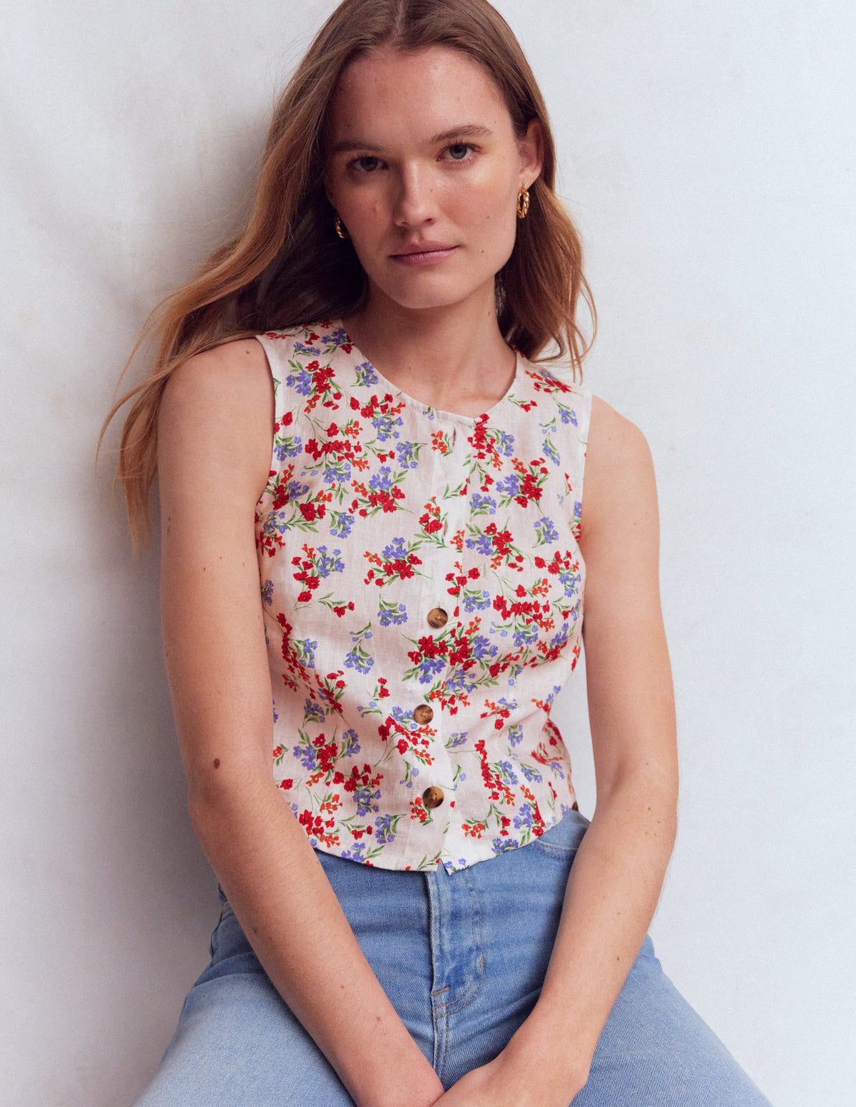 Andrea Linen Shell Top-Ivory, Bloom Scatter