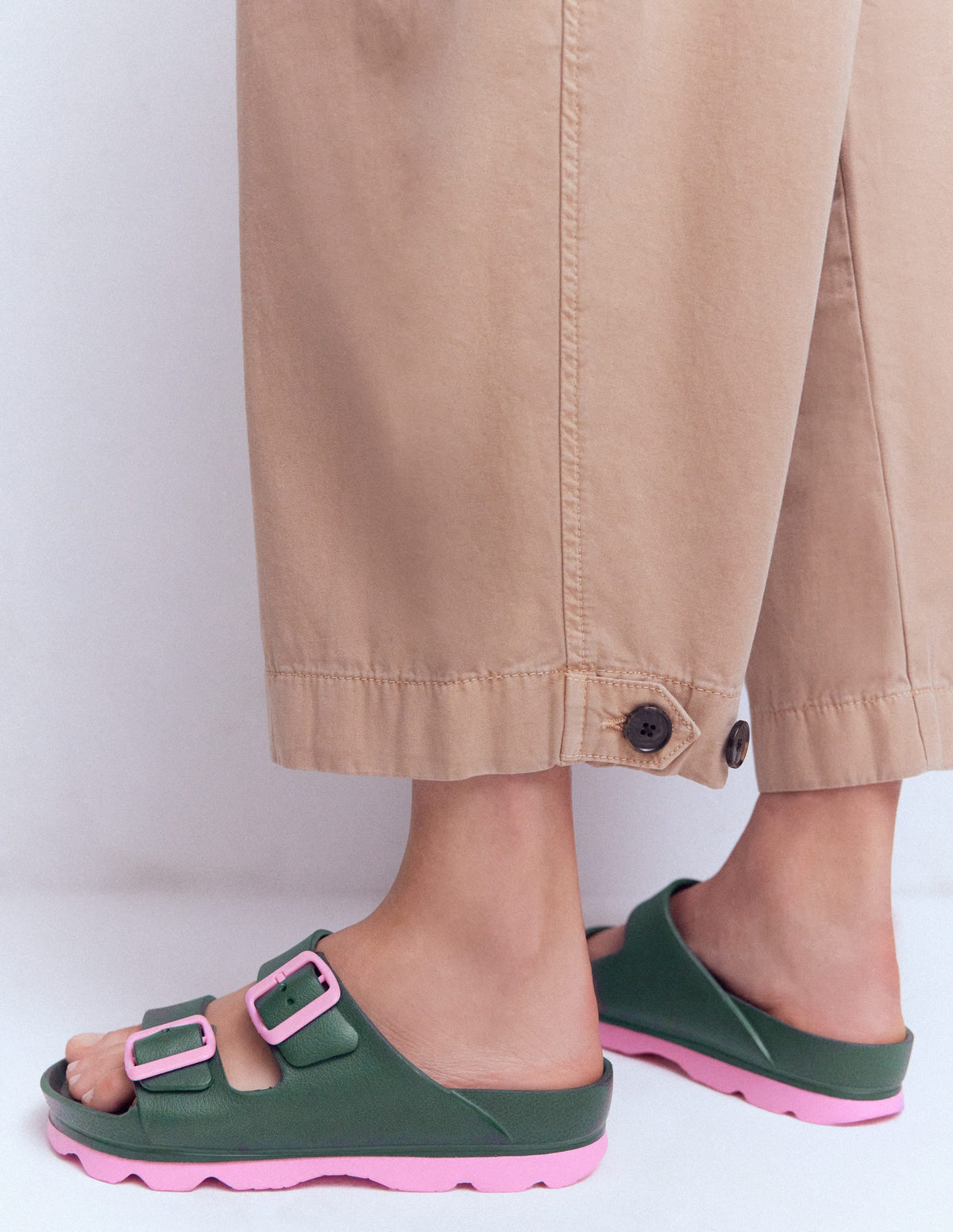 Lyla Double Buckle Sliders-Khaki/Pink