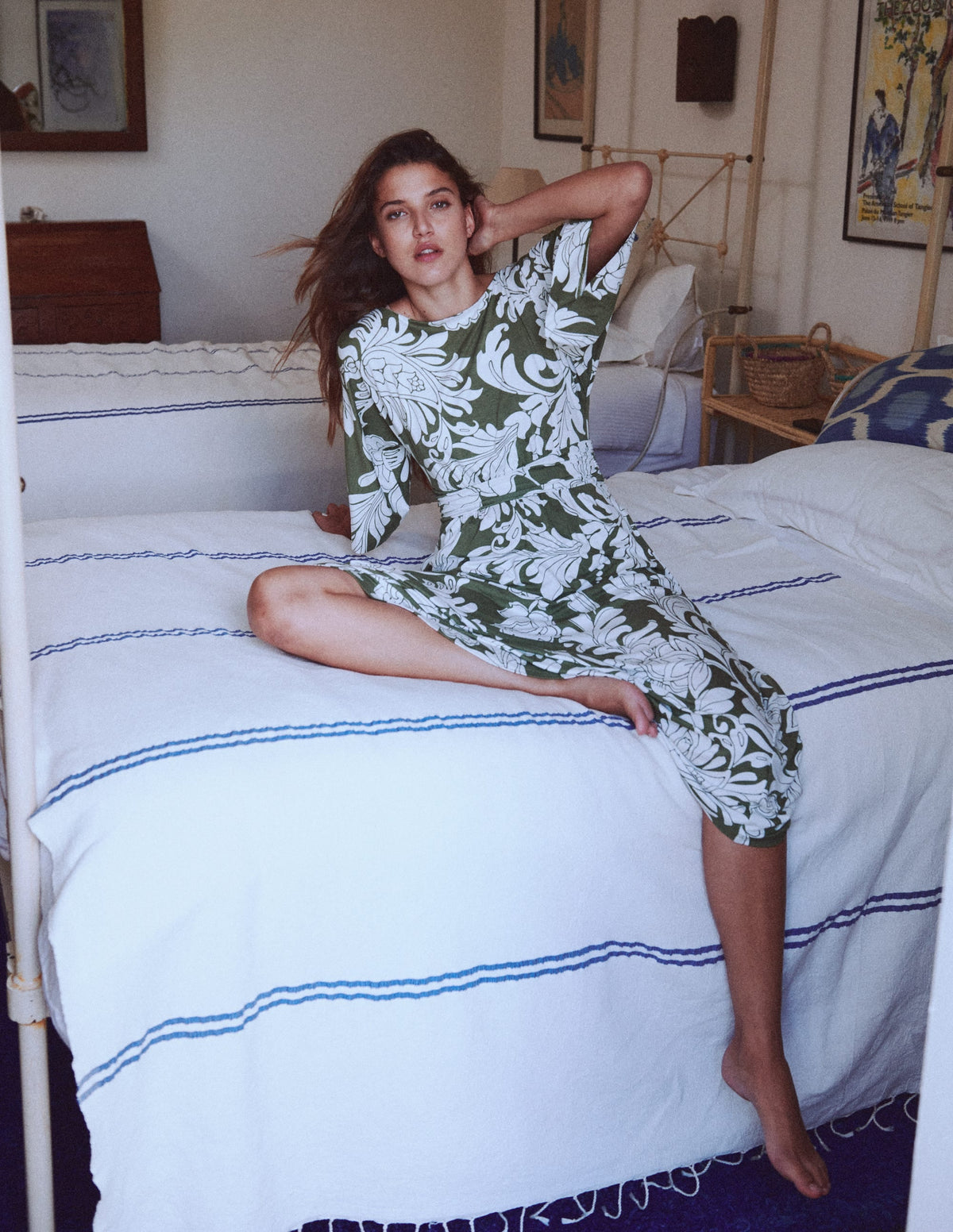 Imelda Kimono Jersey Dress-Olive, Botanical Flourish Mono