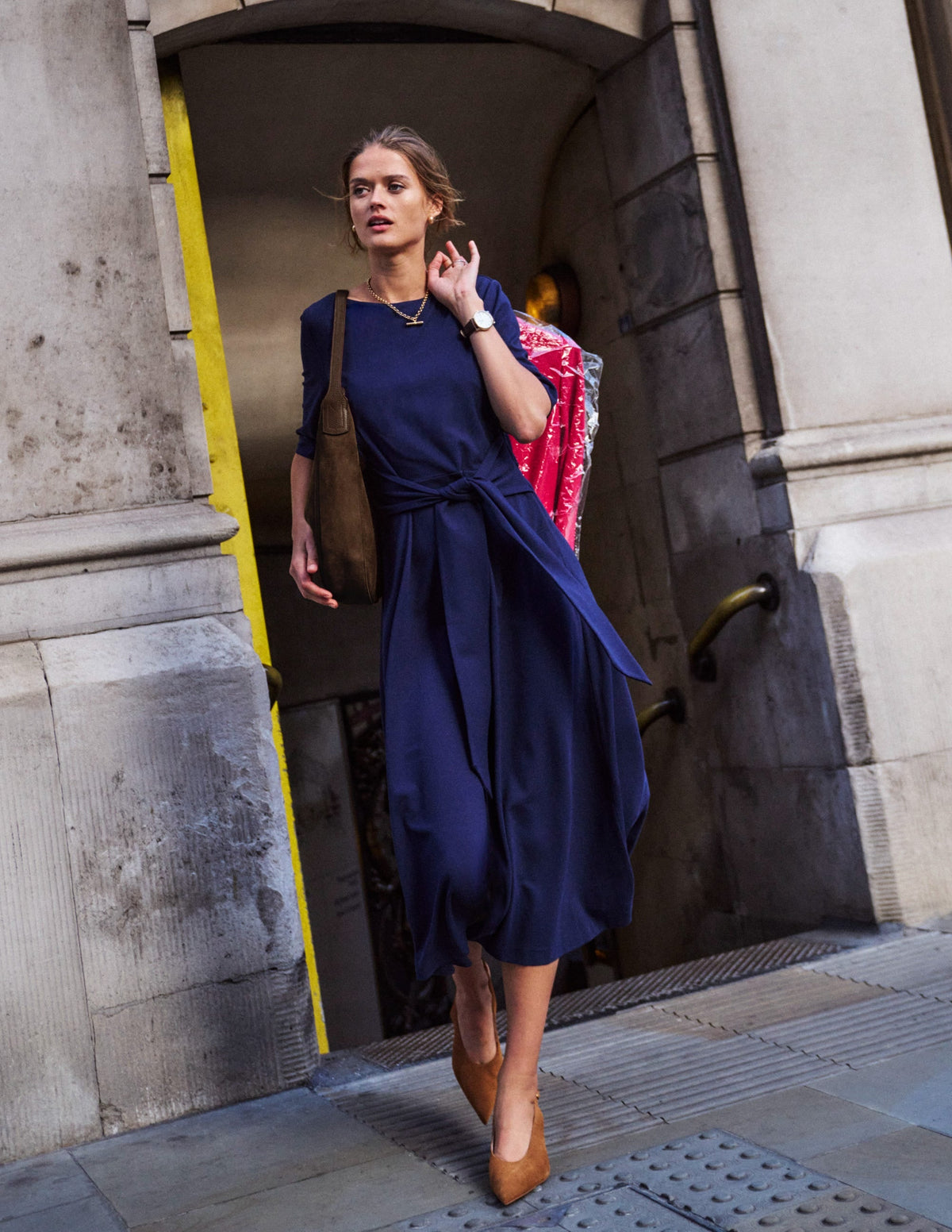 Mathilde Tie Waist Ponte Dress-Navy