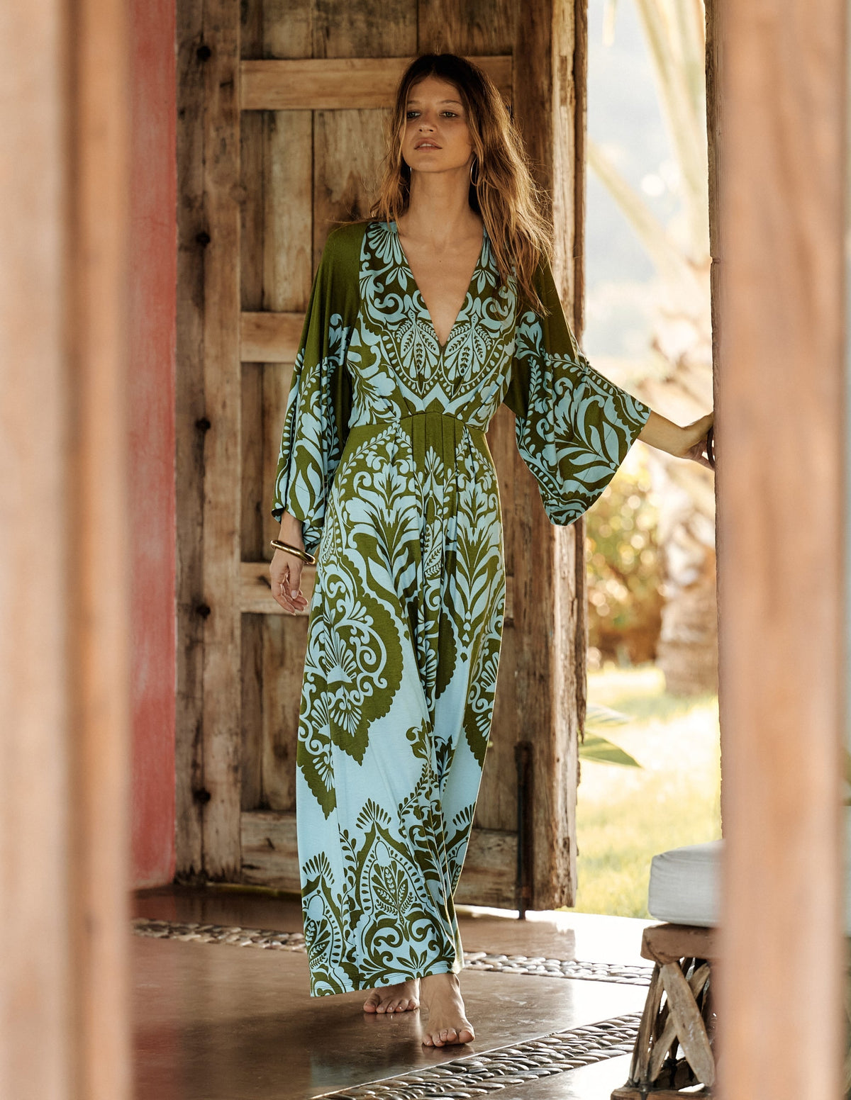 Nell Kimono Midi Jersey Dress-Olive, Ornamental Garden