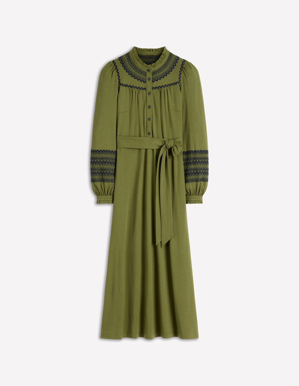 Embroidered Jersey Shirt Dress-Olive