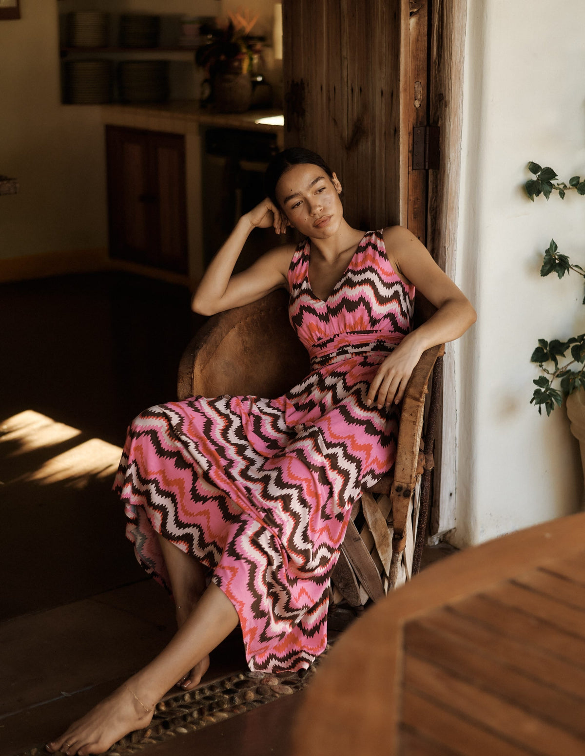 Elodie Jersey Maxi Dress-Pink Punch, Zig Zag Wave