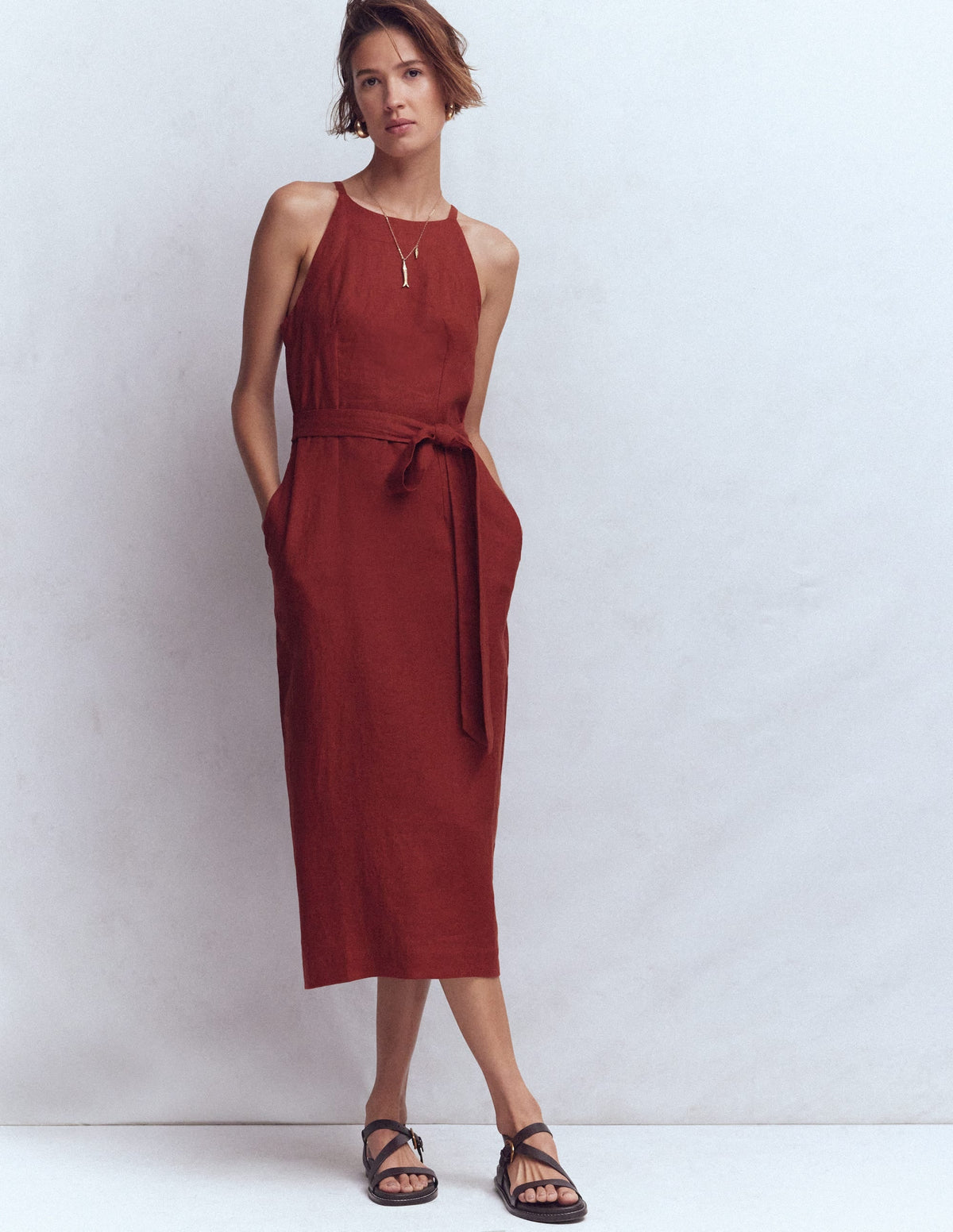 Rosa Halter Linen Midi Dress-Burnt Orange