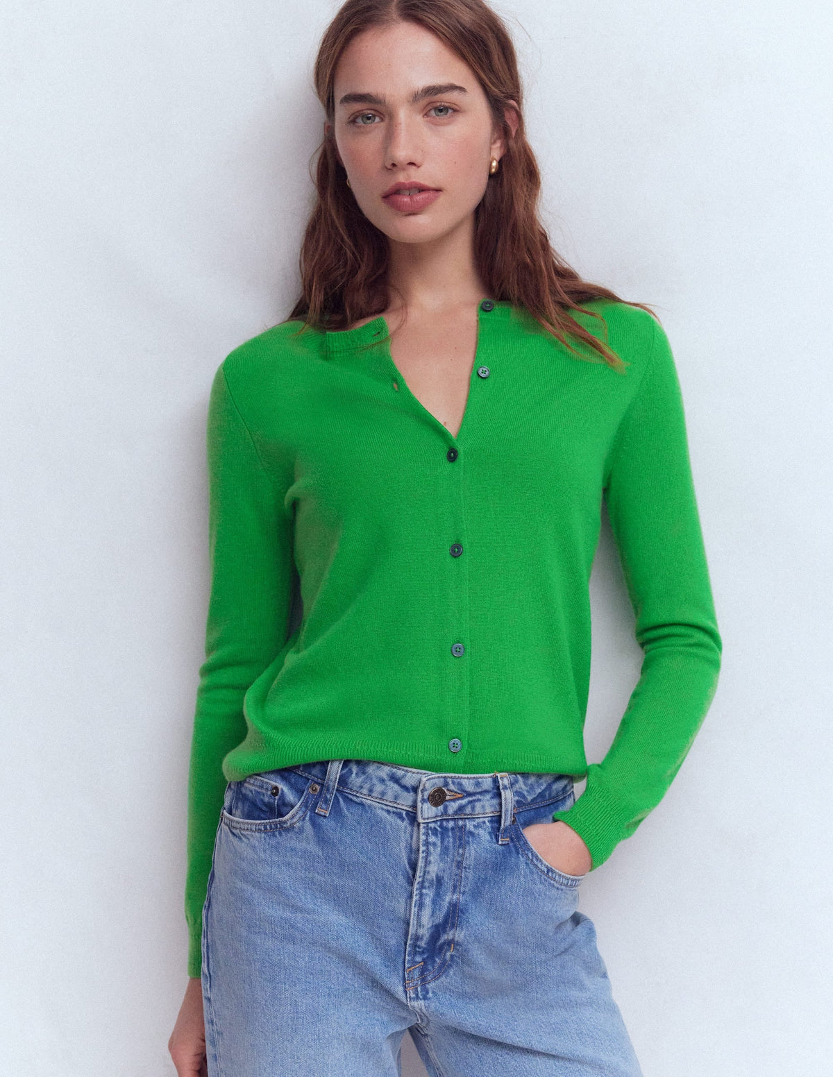 Eva Cashmere Crew Cardigan-Sapling Green