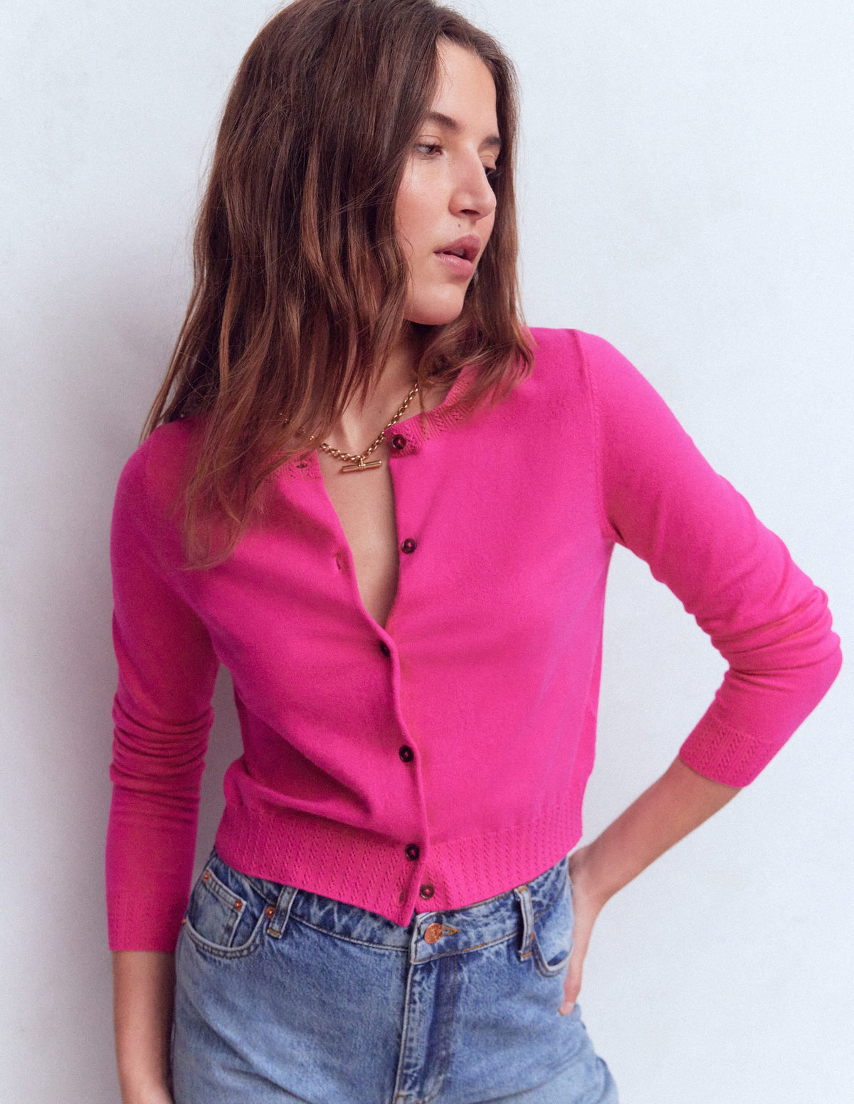 Emilia Cotton Cropped Cardigan-Pink Peony