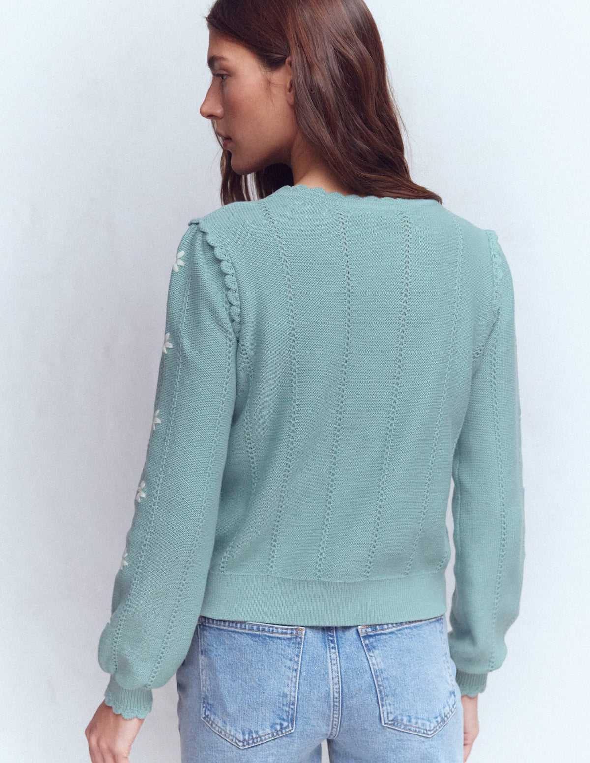 Valeria Crochet Trim Cardigan-Seamist Blue, Embroidery