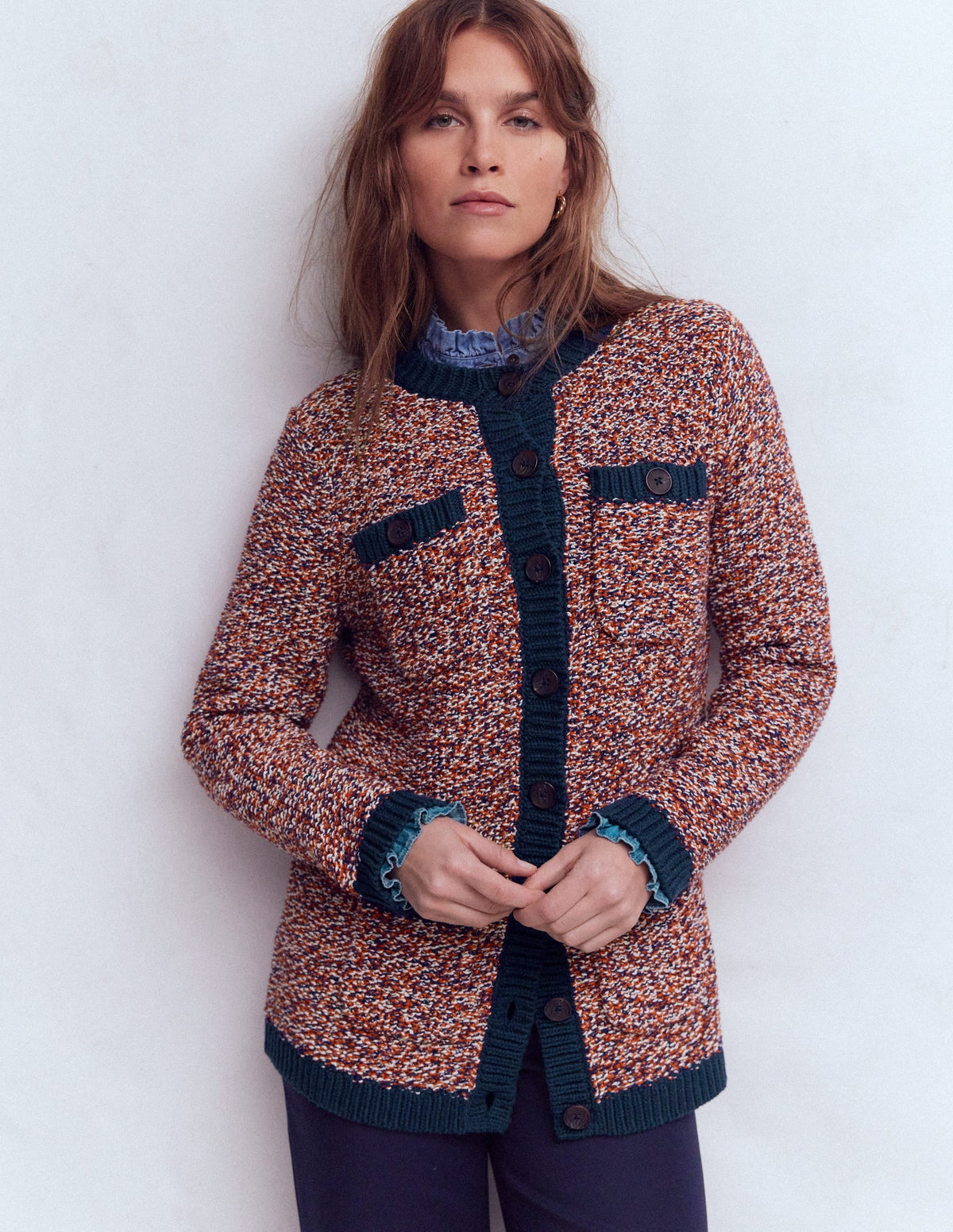 Textured Marl Cardigan-Navy/ Red Marl