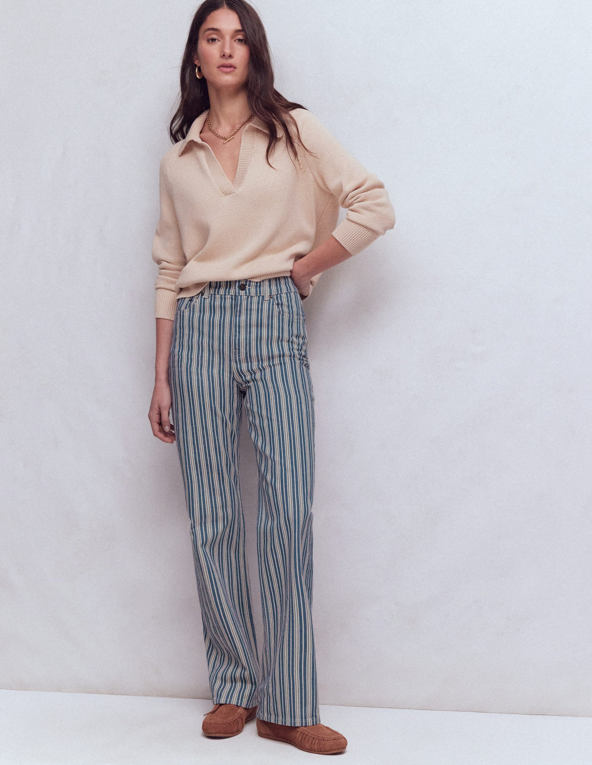 High Rise Column Leg Jeans-Blue Stripe