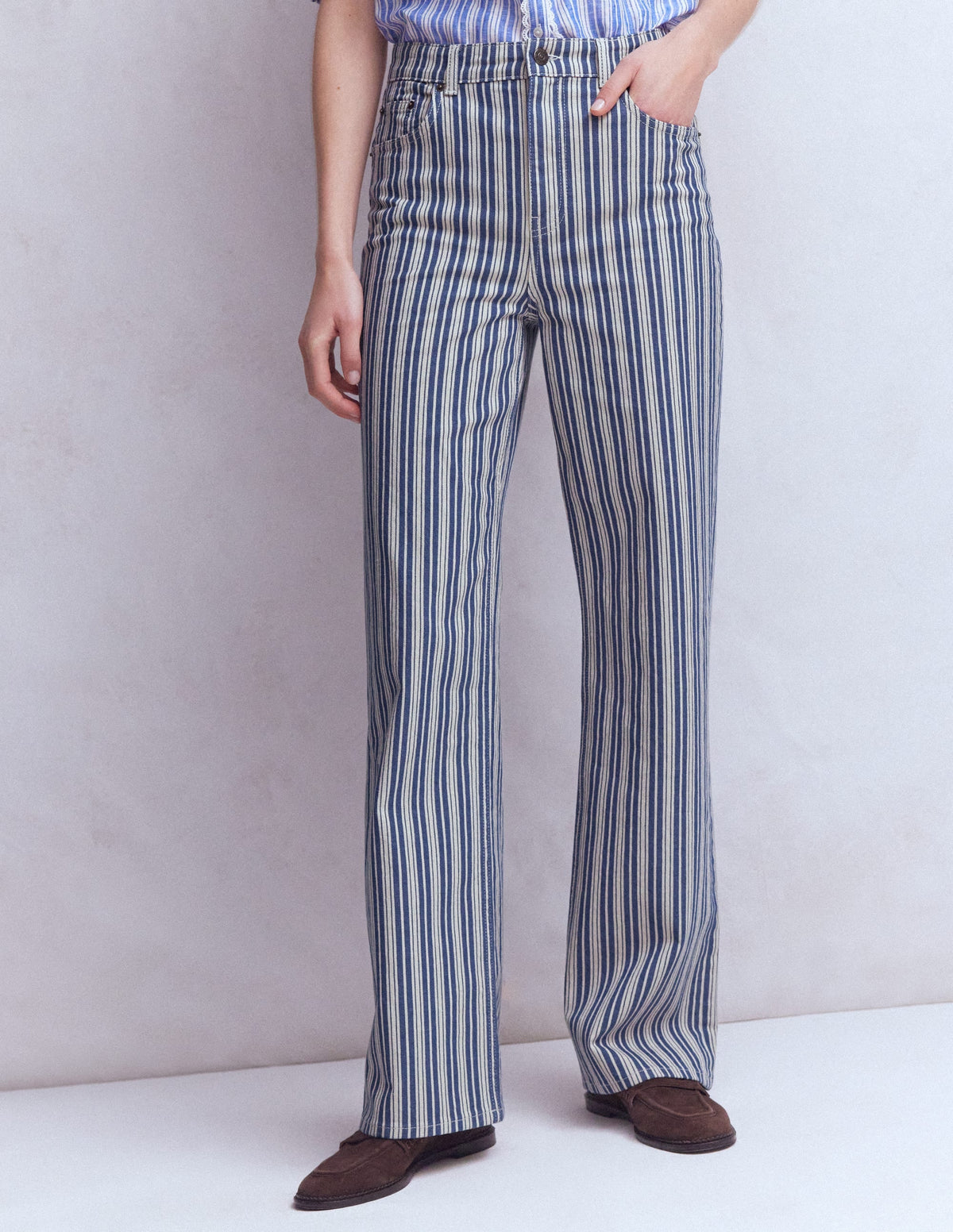High Rise Column Leg Jeans-Blue Stripe