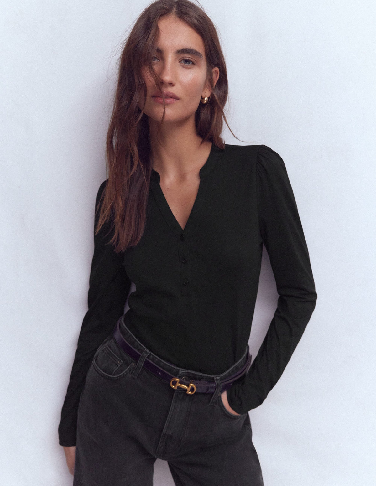 Supersoft Open Neck Henley-Black