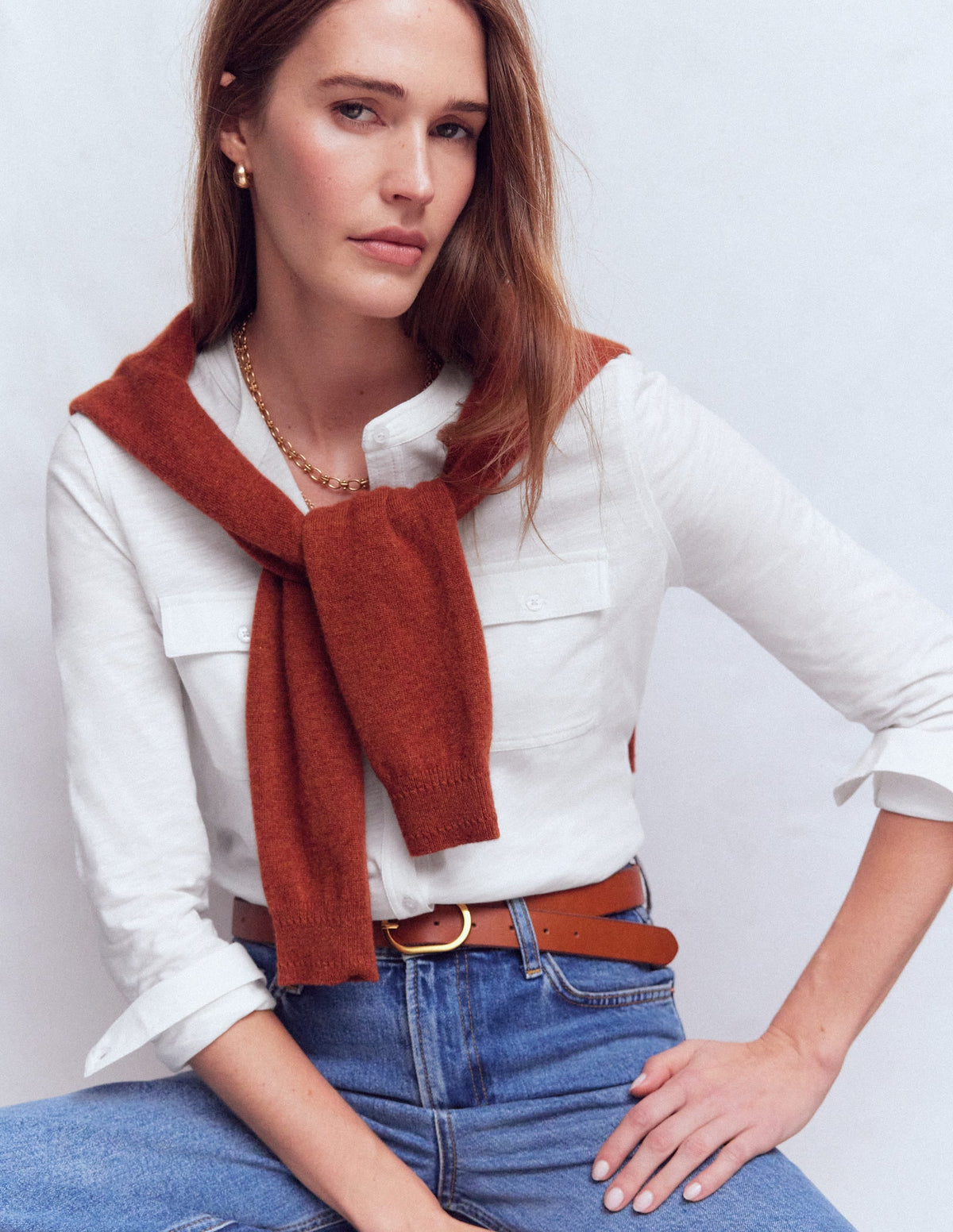 Topstitched Pocket Shirt-White