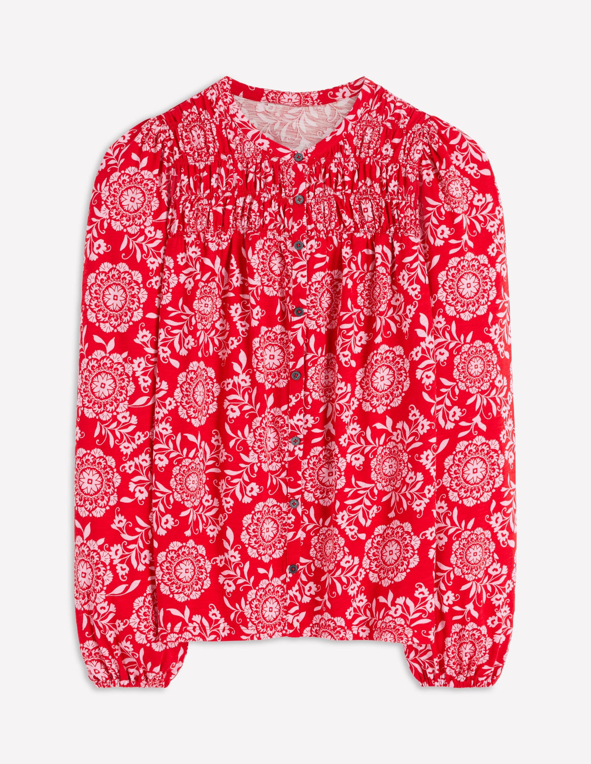 Mya Smocked Jersey Shirt-Salsa, Decorative Blossom