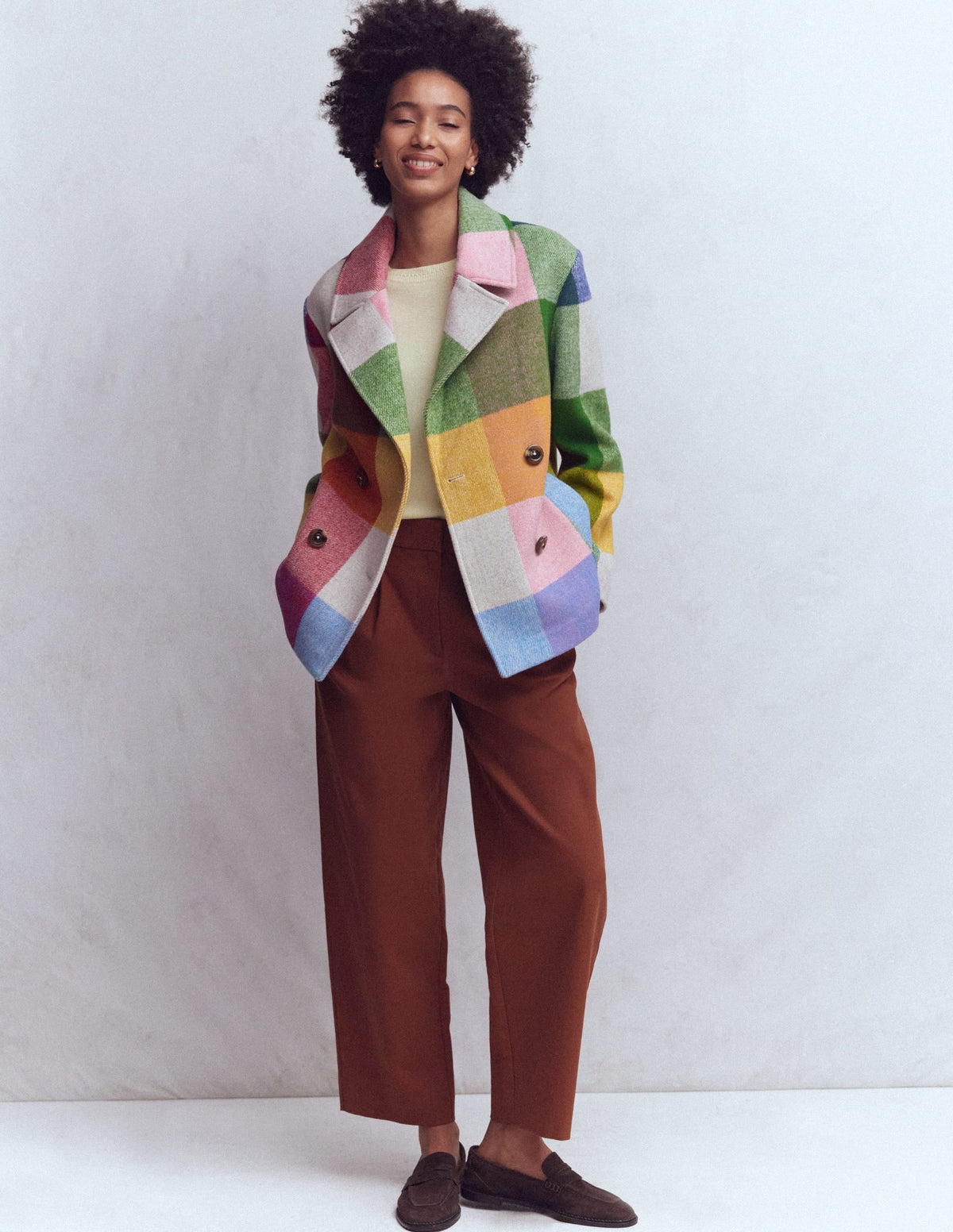 Revere Collar Wool Coat-Giant Multigingham
