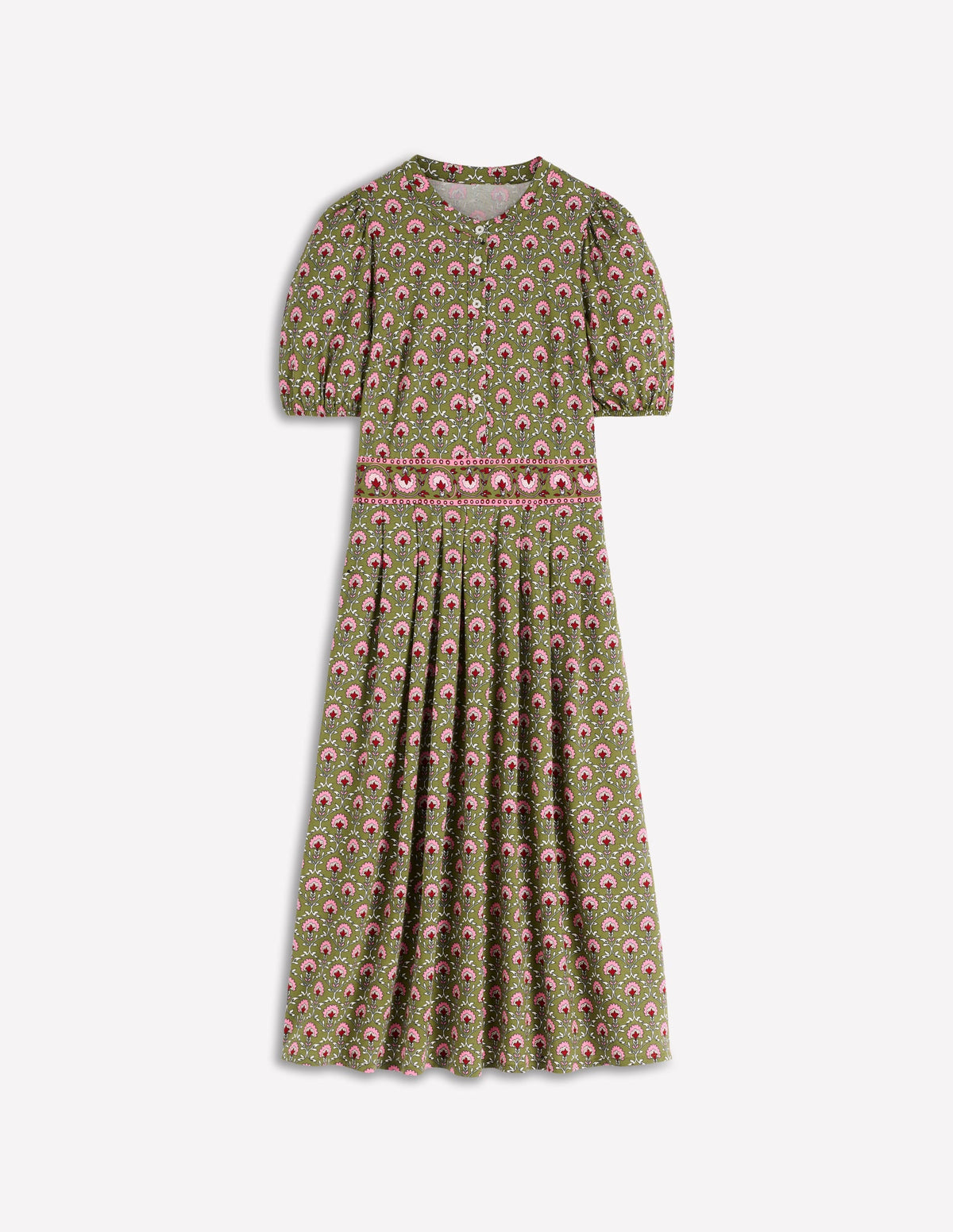 Amber Pleat Jersey Midi Dress-Olive, Flower Lattice