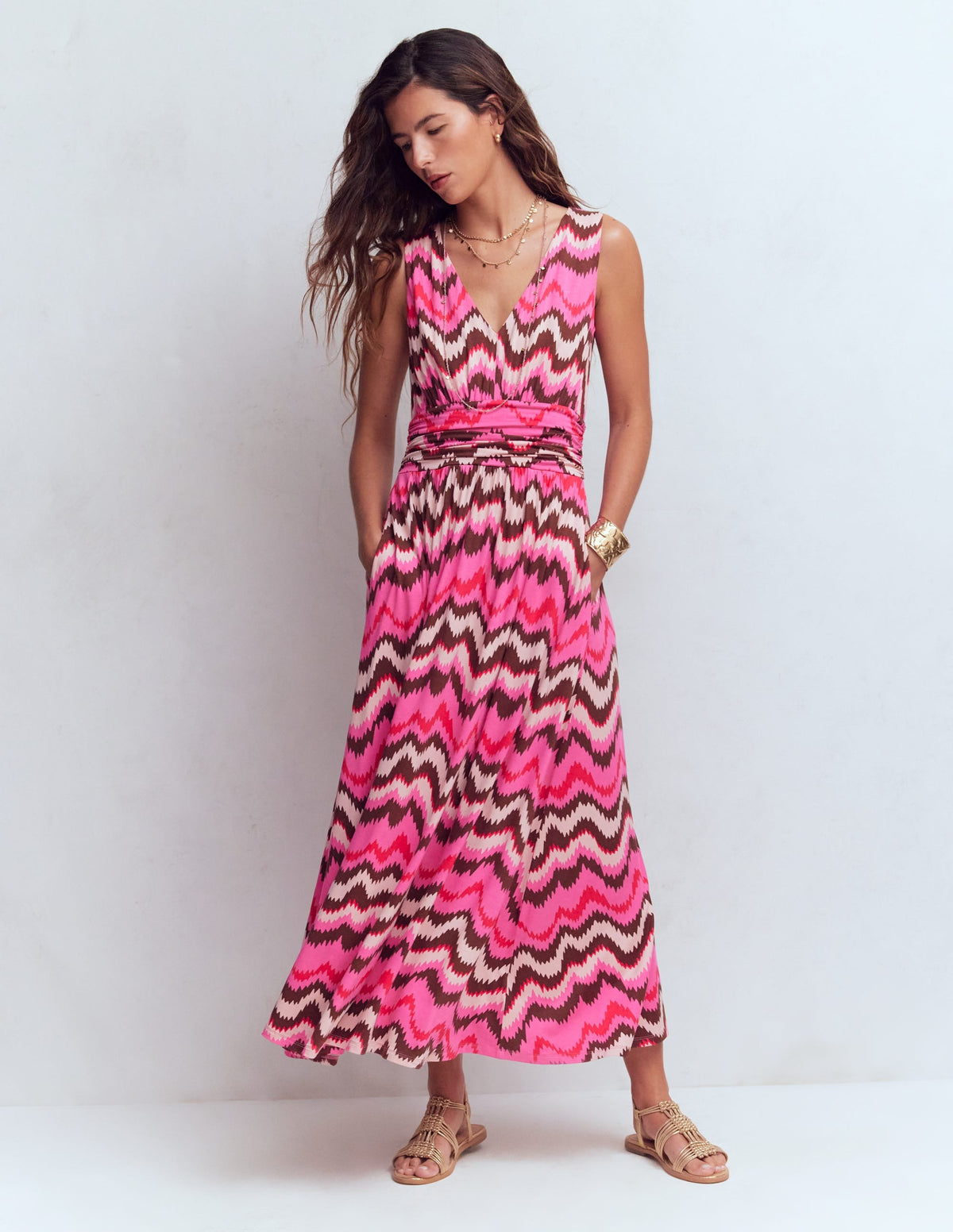 Elodie Jersey Maxi Dress-Pink Punch, Zig Zag Wave