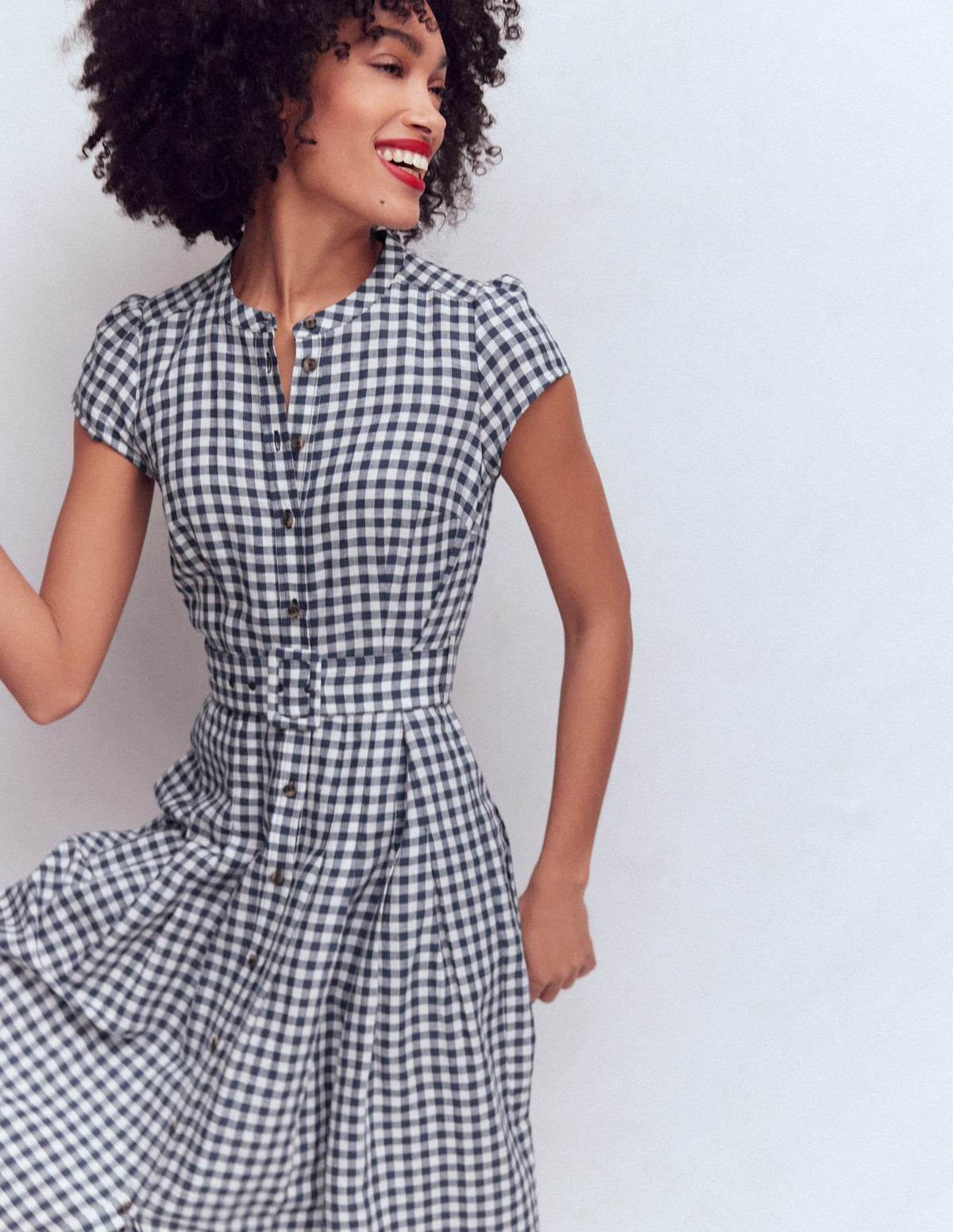 Arabella Linen Blend Dress-Navy Gingham