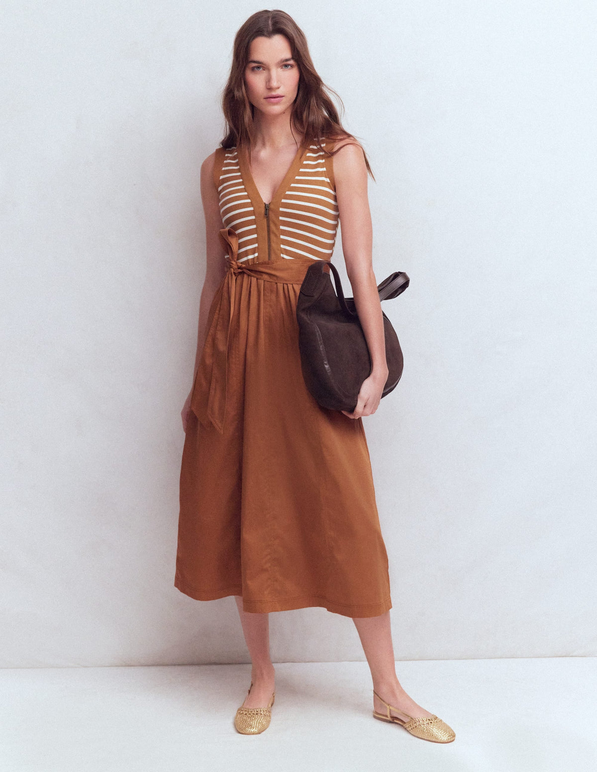 Zip-front Mix Media Dress-Ginger and Ivory Stripe