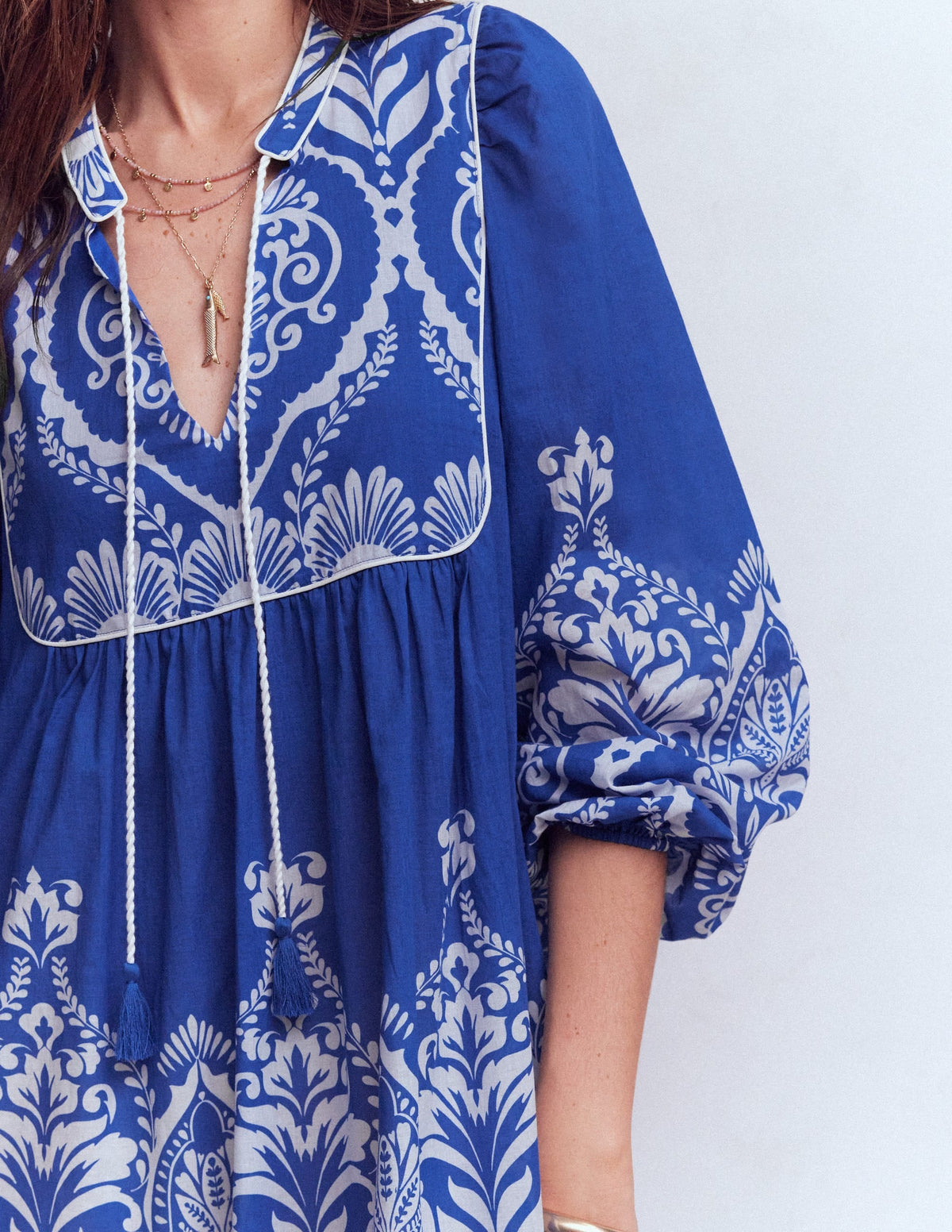 Boho Tie Neck Kaftan-Blue Ornamental Garden