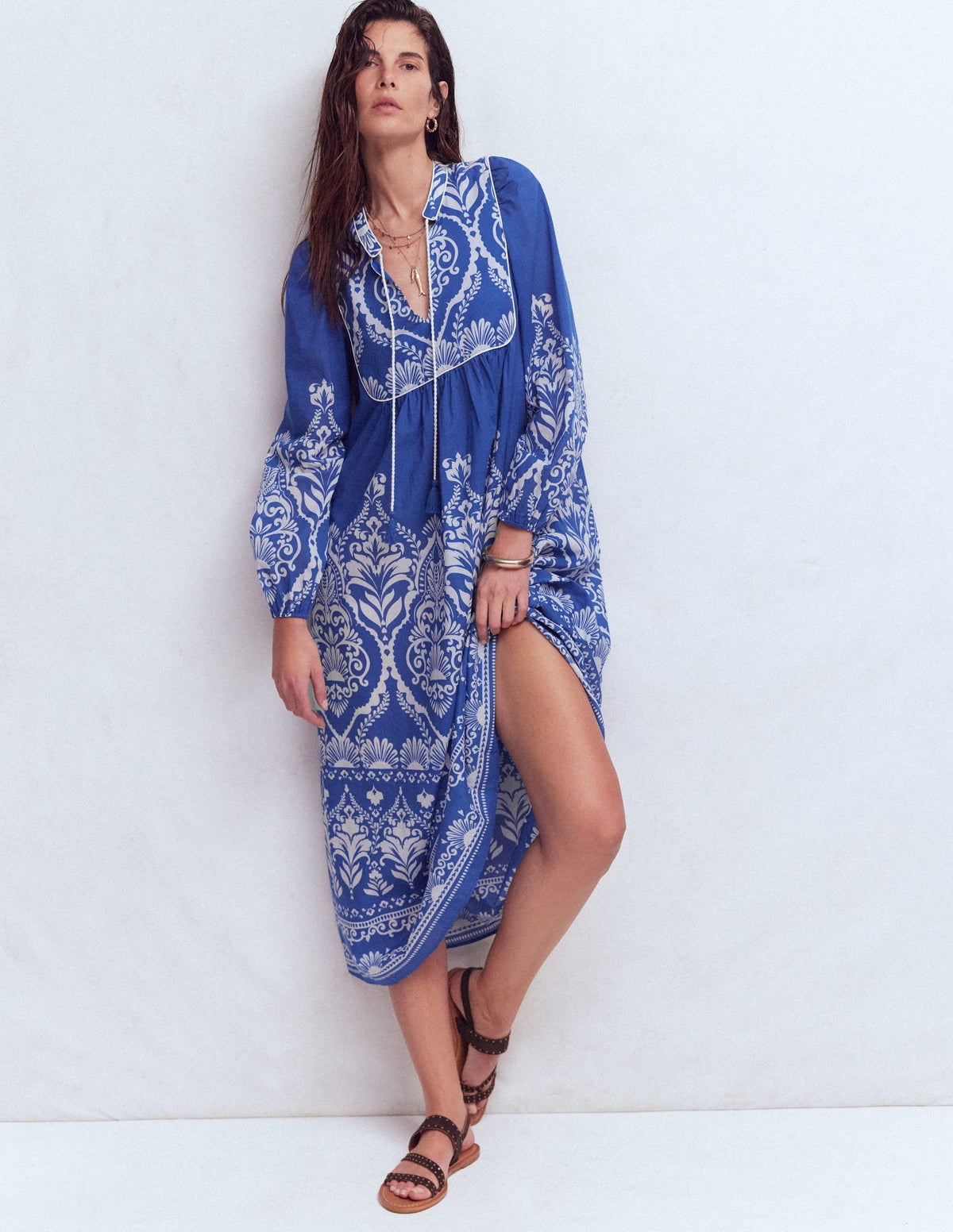Boho Tie Neck Kaftan-Blue Ornamental Garden