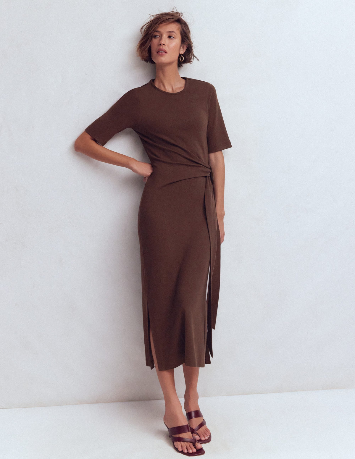Zinnia Tie Jersey Midi Dress-Espresso
