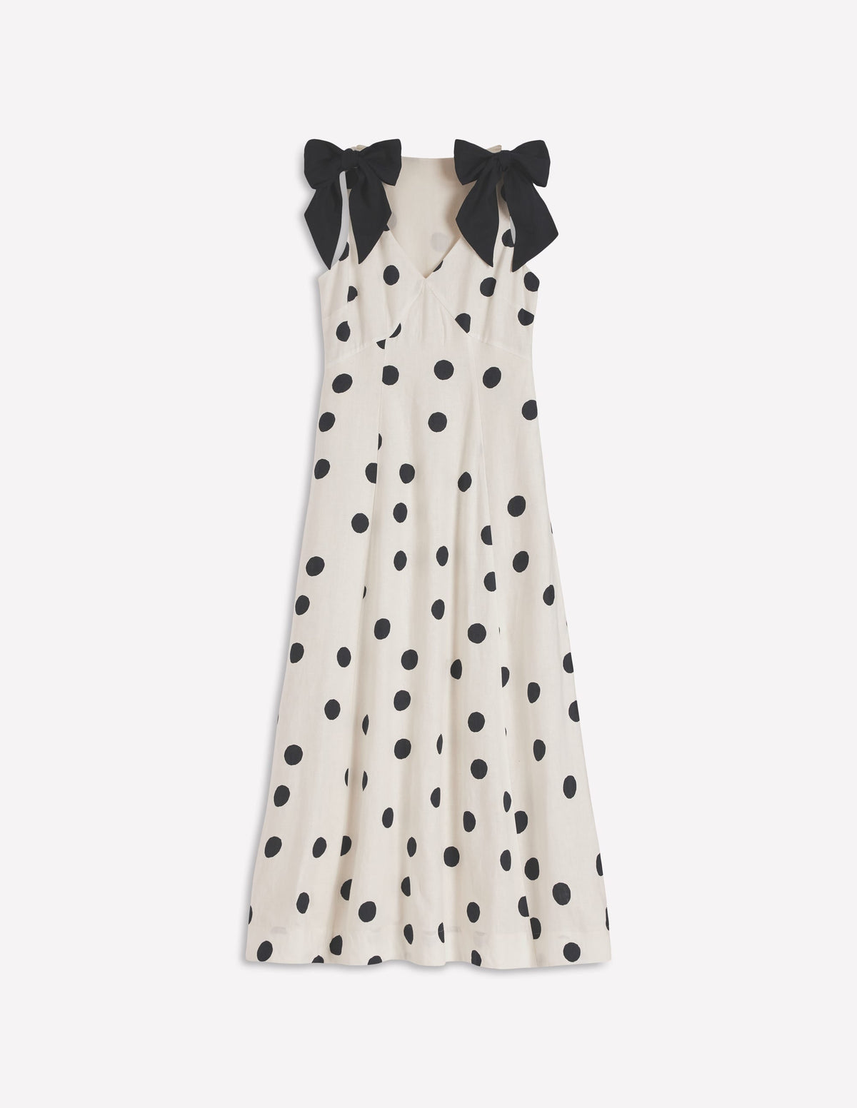 Bow Detail Linen Empire Dress-Ivory Painted Dot Spaced