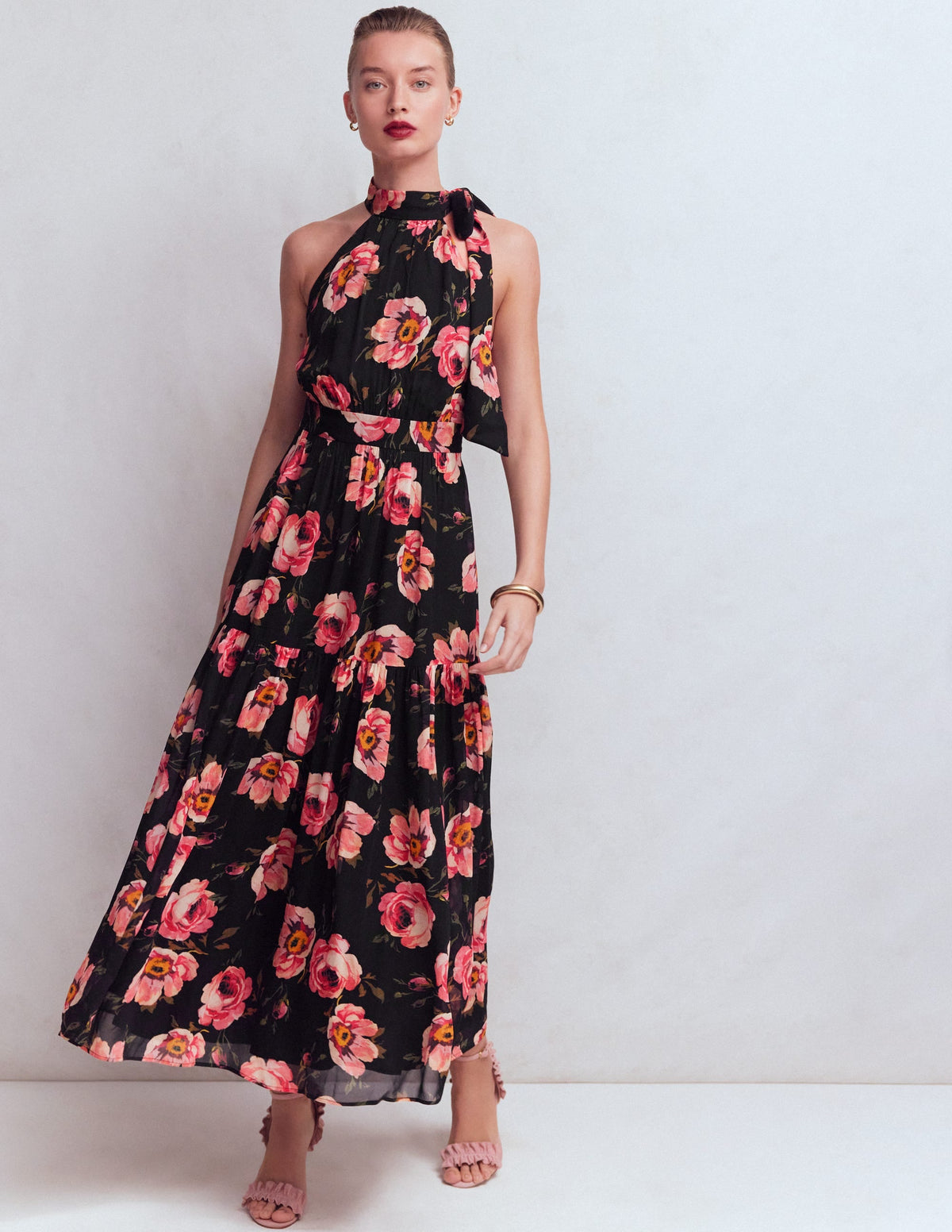 Roisin Tie Neck Maxi Dress-Black Whimsical Roses