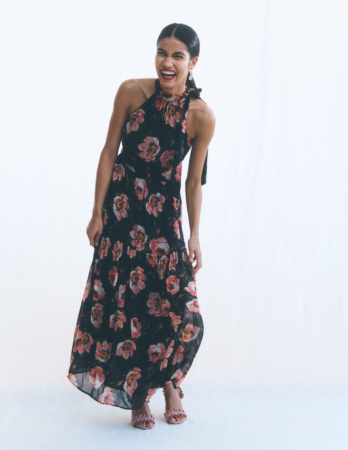 Roisin Tie Neck Maxi Dress-Black Whimsical Roses