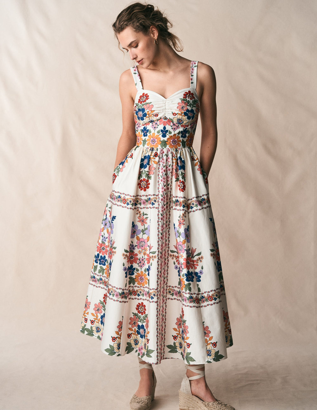 Fit and Flare Midi Dress-Multi Meadow Flowers Lattice