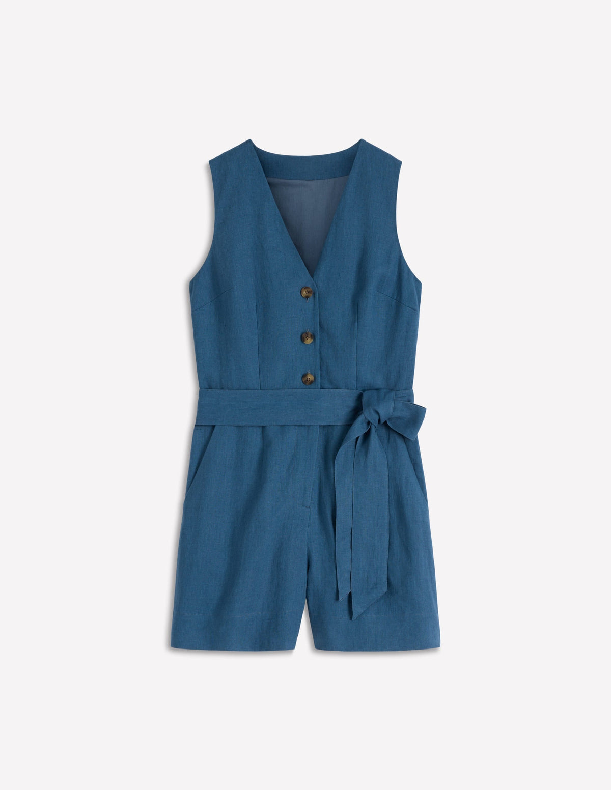 Laura V-neck Linen Playsuit-Tourmaline Blue