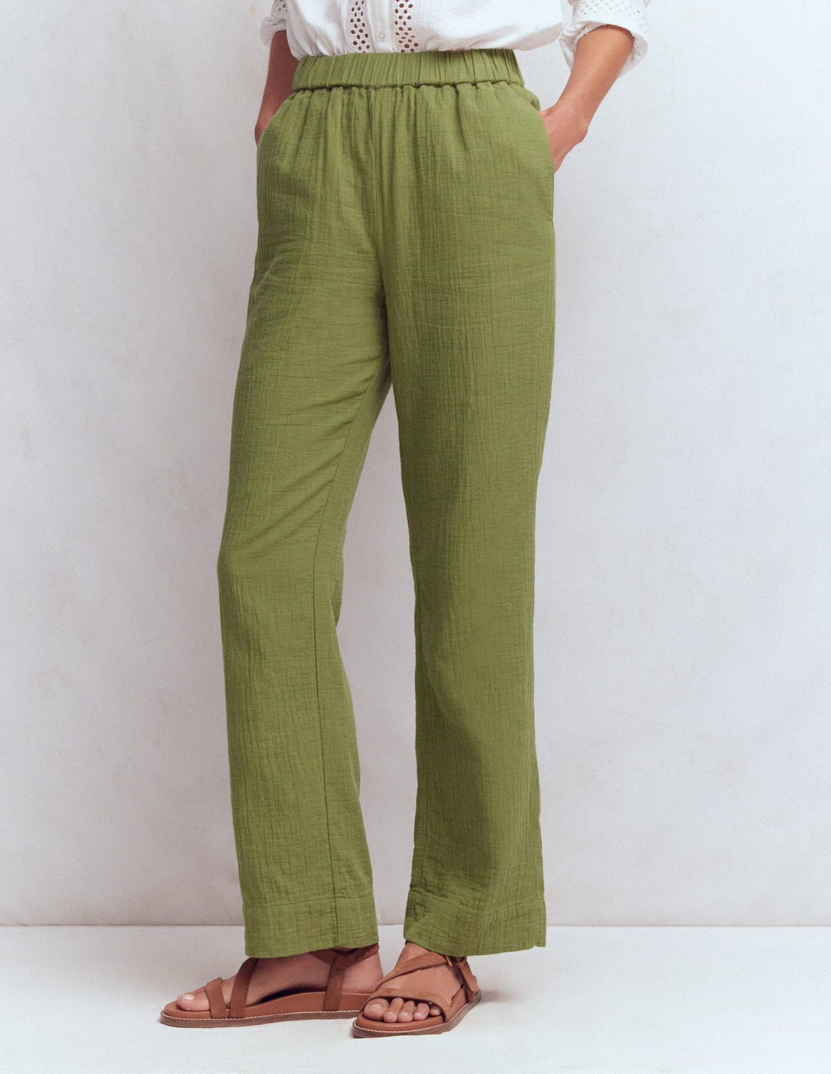 Pull On Double Cloth Pants-Olive Green