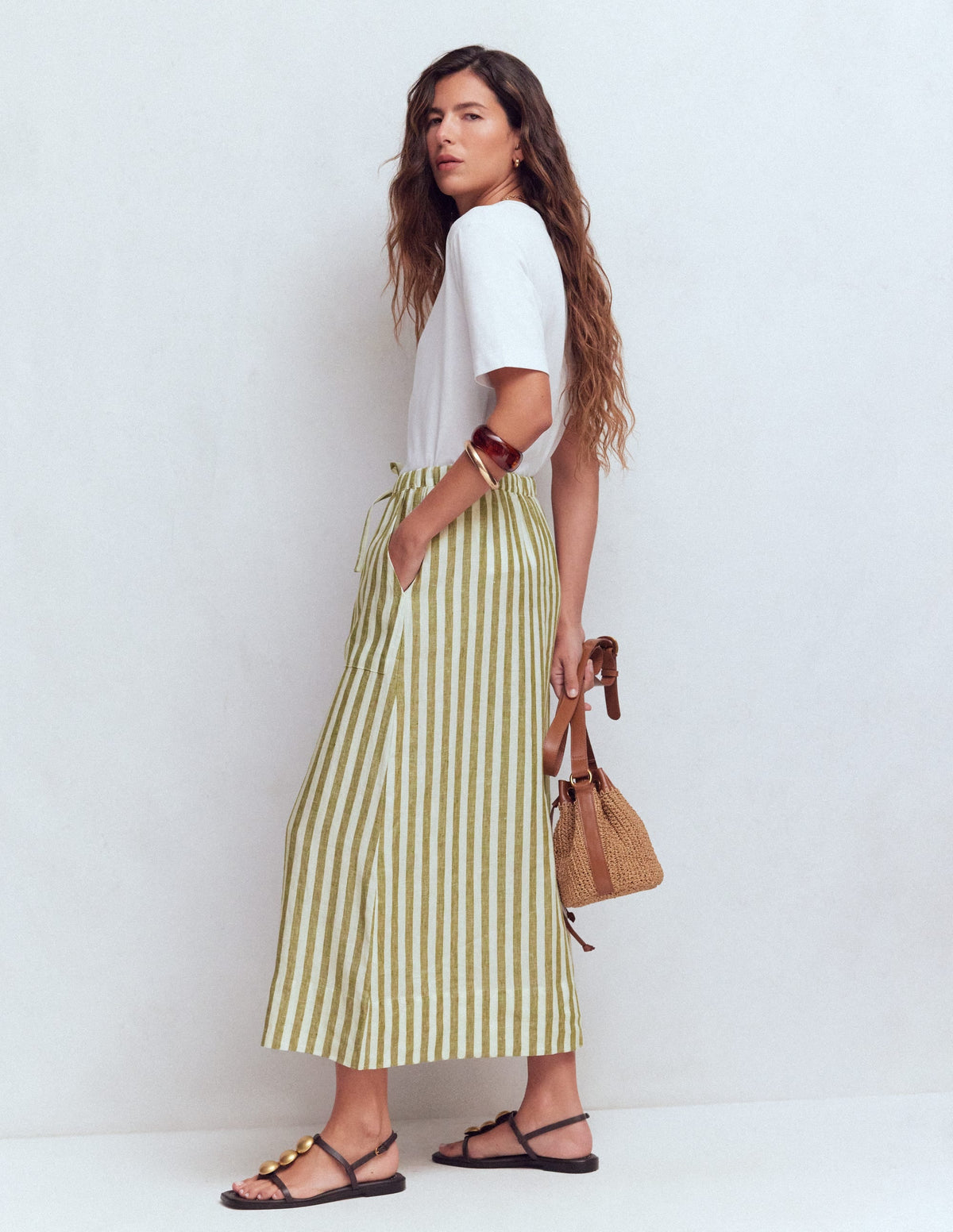 Layla Linen Skirt-Green Stripe