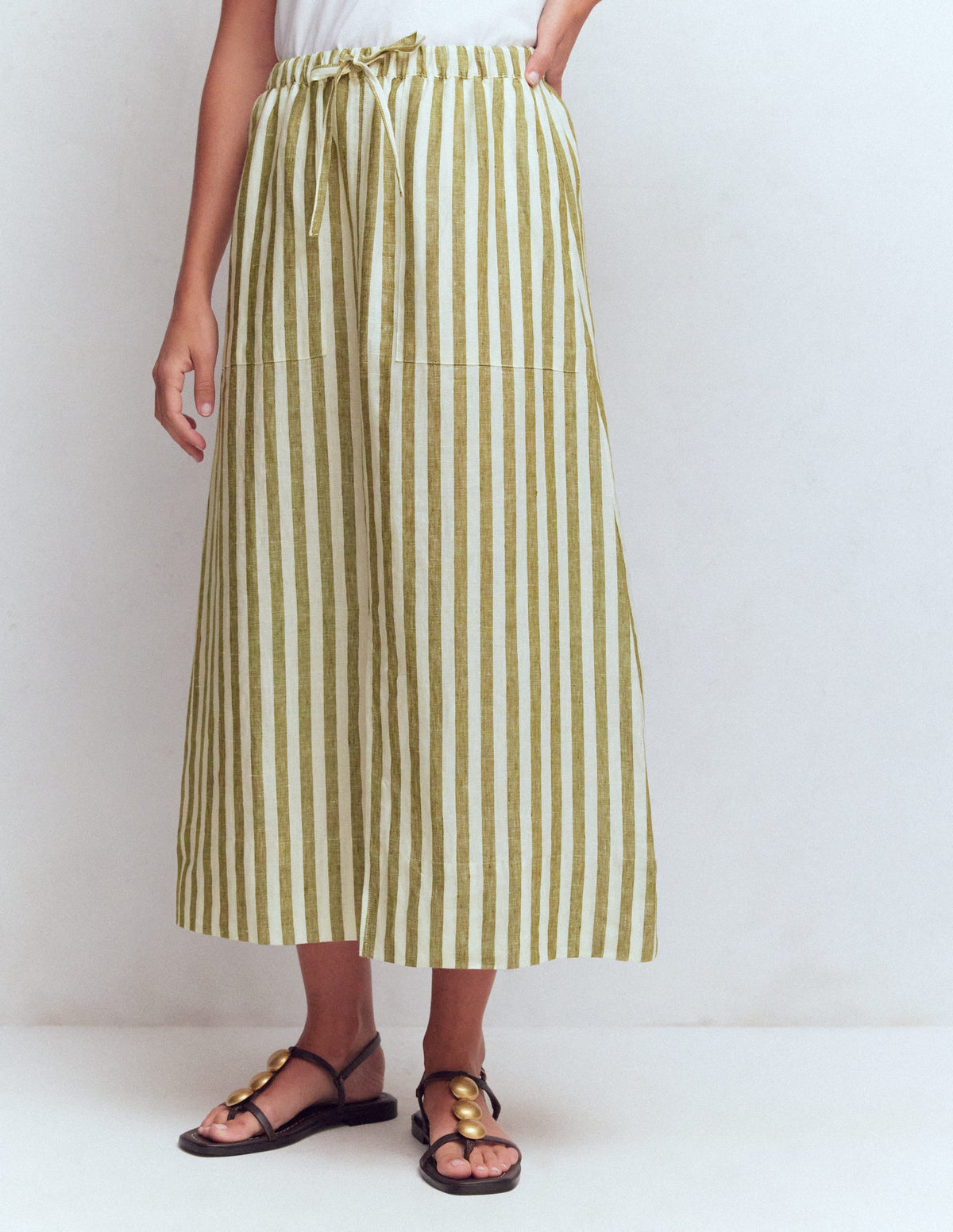 Layla Linen Skirt-Green Stripe