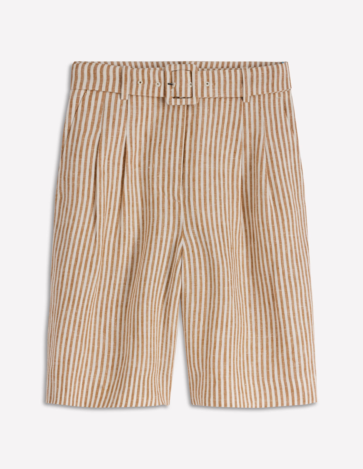 Chelsea Belted Linen Shorts-Brown, Ivory Ticking Stripe