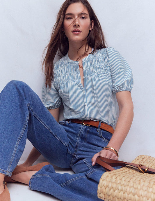 Mya Short Sleeve Smocked Shirt-French Blue and Ivory Stripe