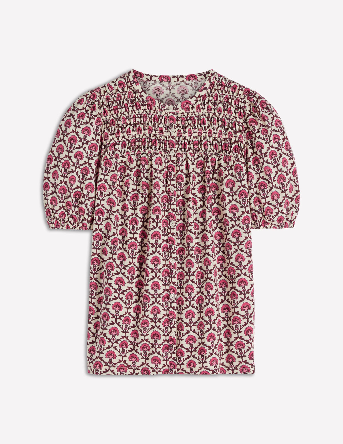 Mya Short Sleeve Smocked Shirt-Strawberry Pink,Flower Lattice